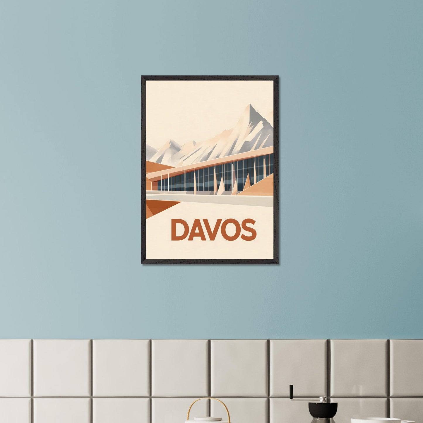 An artistic depiction of Davos, where a contemporary structure stretches along the base of snow-covered peaks. The smooth design of the building complements the sharp mountain ridges, creating a stunning contrast.