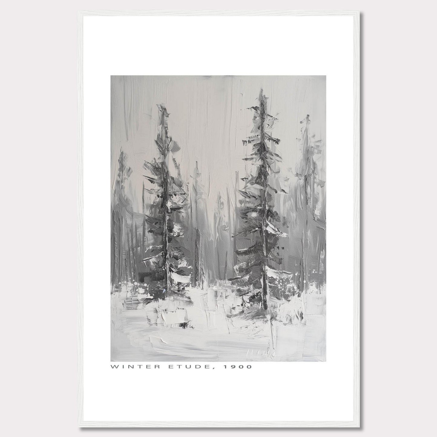 This image showcases a framed painting titled "Winter Etude, 1900". The artwork depicts a serene winter landscape with two prominent trees standing tall amidst a snowy backdrop. The painting is done in grayscale, emphasizing the cold and tranquil atmosphere of winter.