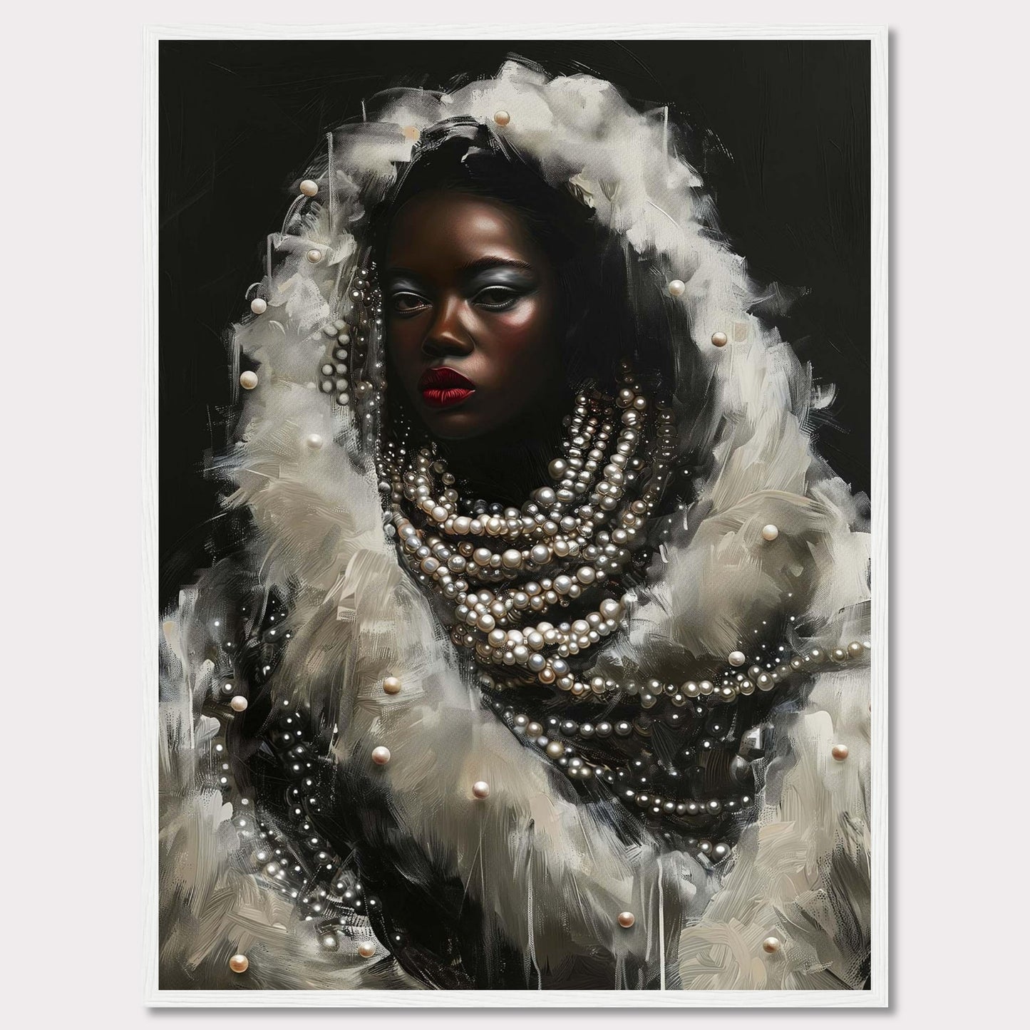 This captivating artwork features a striking portrait of a woman adorned with layers of pearls and white feathers. The dark background accentuates her luminous skin and bold red lips, creating a dramatic contrast. The intricate details of the pearls and feathers add a sense of luxury and elegance to the piece.