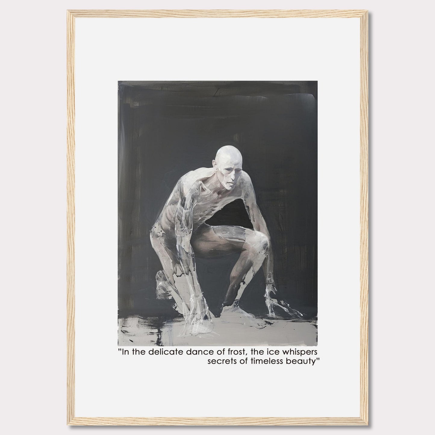 This striking artwork depicts a figure painted in shades of white and gray, emerging from a dark background. The figure appears to be crouching, with a ghostly, ethereal quality to its form. The painting evokes a sense of mystery and introspection.