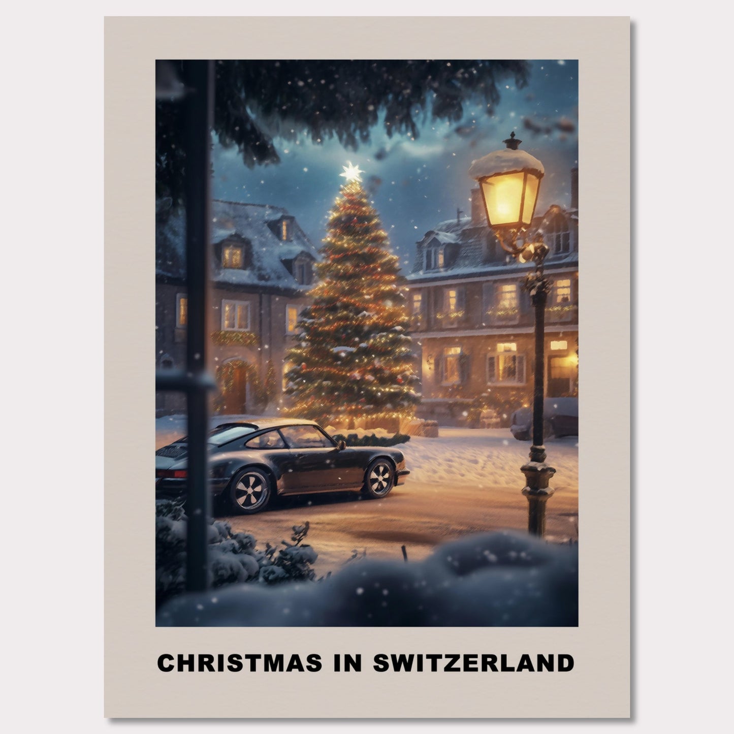 This heartwarming poster depicts a magical Swiss town square adorned with a glowing Christmas tree under a snowy evening sky. A classic vintage car adds a nostalgic charm, parked amidst festive lights and cozy, snow-covered houses. The scene invites you to experience the serene joy of a Swiss Christmas.