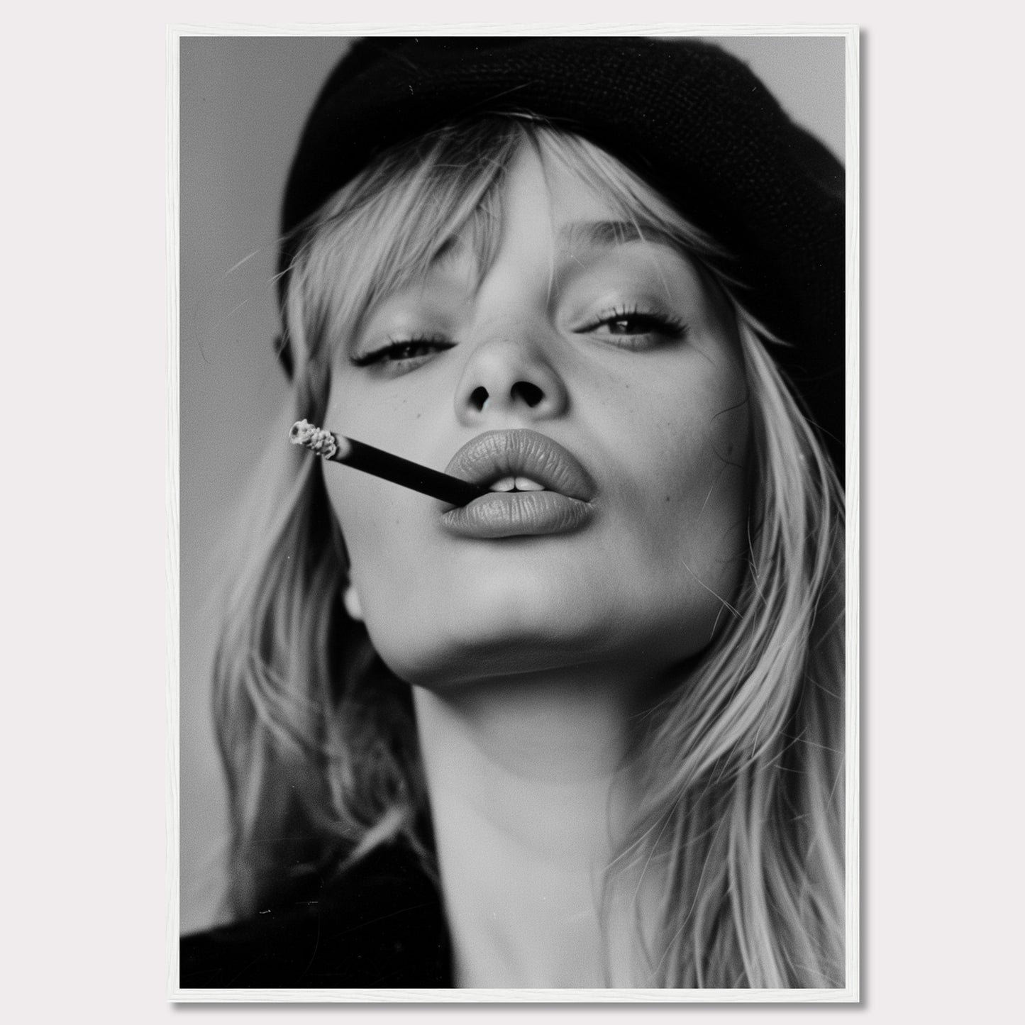 This striking black and white portrait captures a woman with a cigarette between her lips, exuding confidence and allure. Her intense gaze, slightly parted lips, and the casual placement of the cigarette create a bold and edgy aesthetic. The image is framed in a sleek black border, adding to its sophisticated appeal.