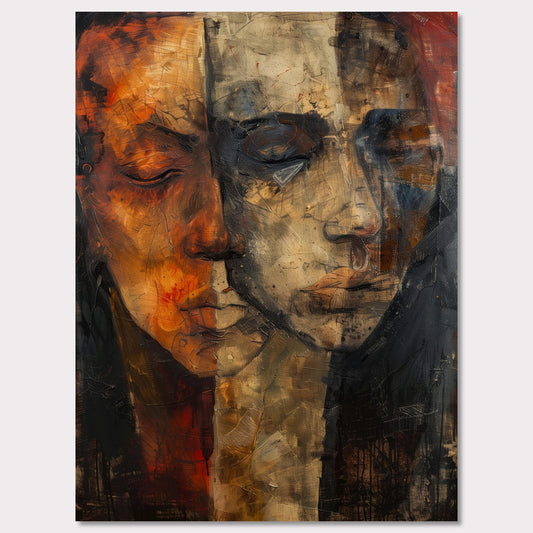 This captivating artwork features two abstract faces, blending seamlessly into one another. The painting is rich in texture and color, with a striking contrast between warm and cool tones. The faces appear to be in deep contemplation, evoking a sense of introspection and connection.