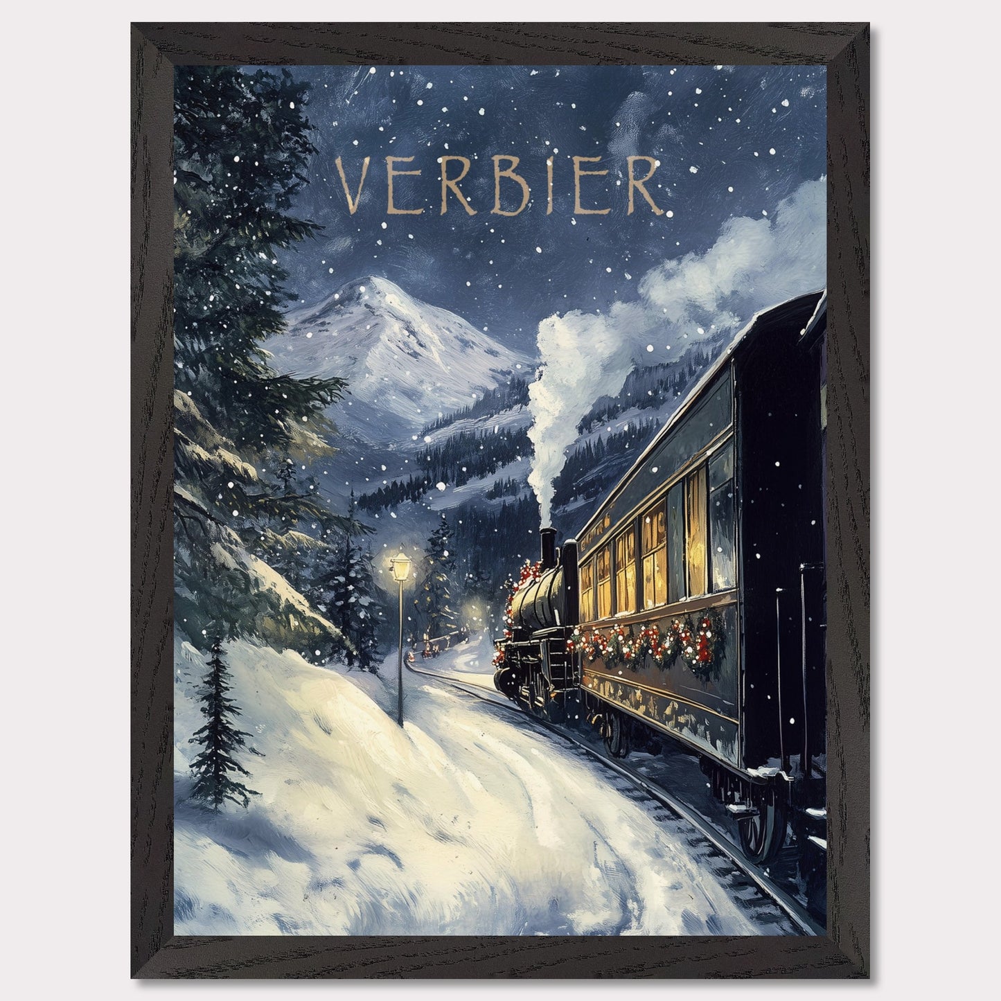 This charming, vintage-inspired poster transports you to a winter wonderland in Verbier, as a steam train adorned with festive decorations winds its way through a snowy mountain landscape. The warm glow from the train’s windows contrasts beautifully with the cool, snowy surroundings, creating a nostalgic and inviting atmosphere. The gentle snowfall and the towering mountain peaks in the background complete the serene yet adventurous feel of this picturesque winter journey.