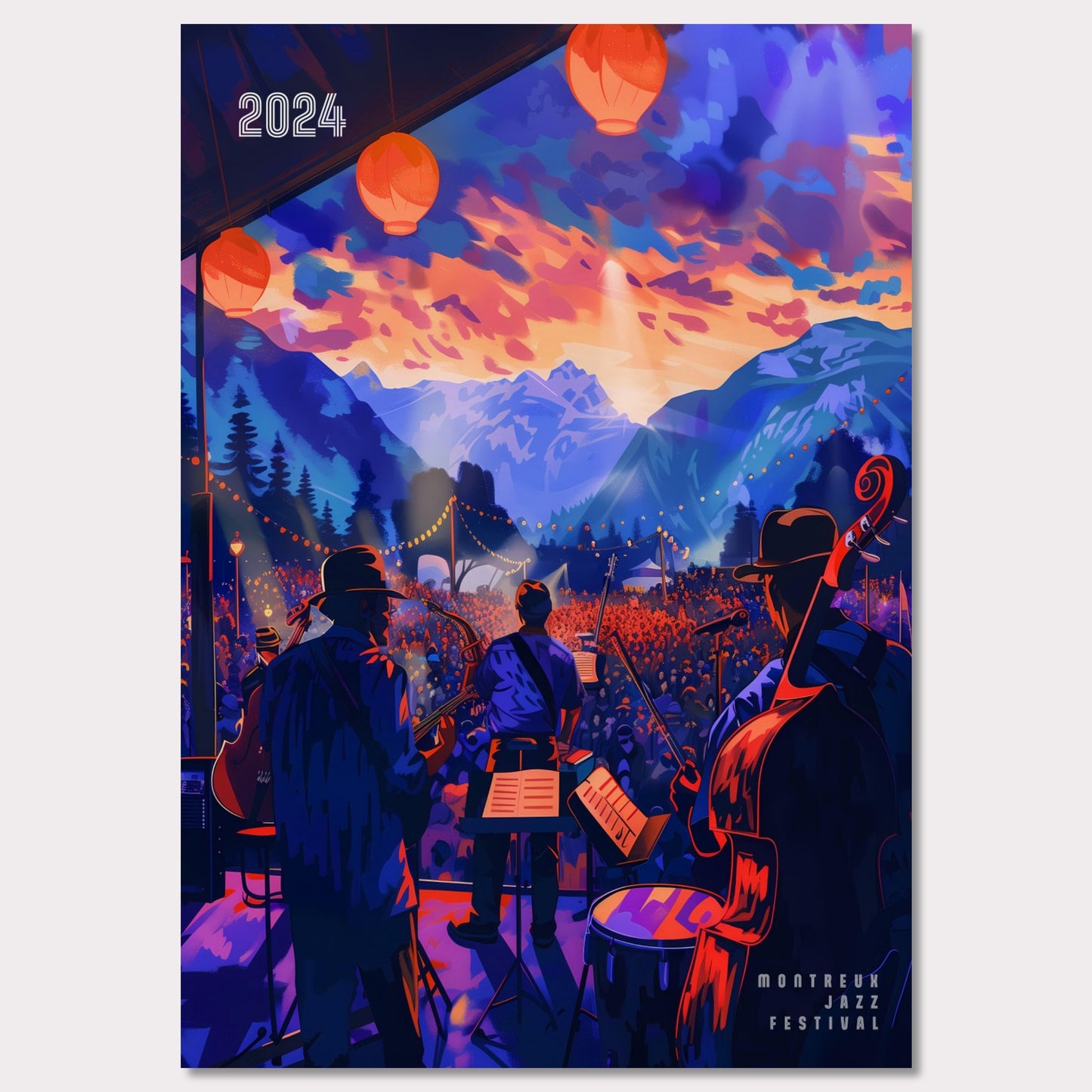 This vibrant poster depicts a lively jazz festival set against a stunning mountain backdrop. The scene is illuminated by colorful lanterns and features a band performing to a large, enthusiastic crowd. The sky is painted with dramatic hues of orange and purple, enhancing the festive atmosphere.