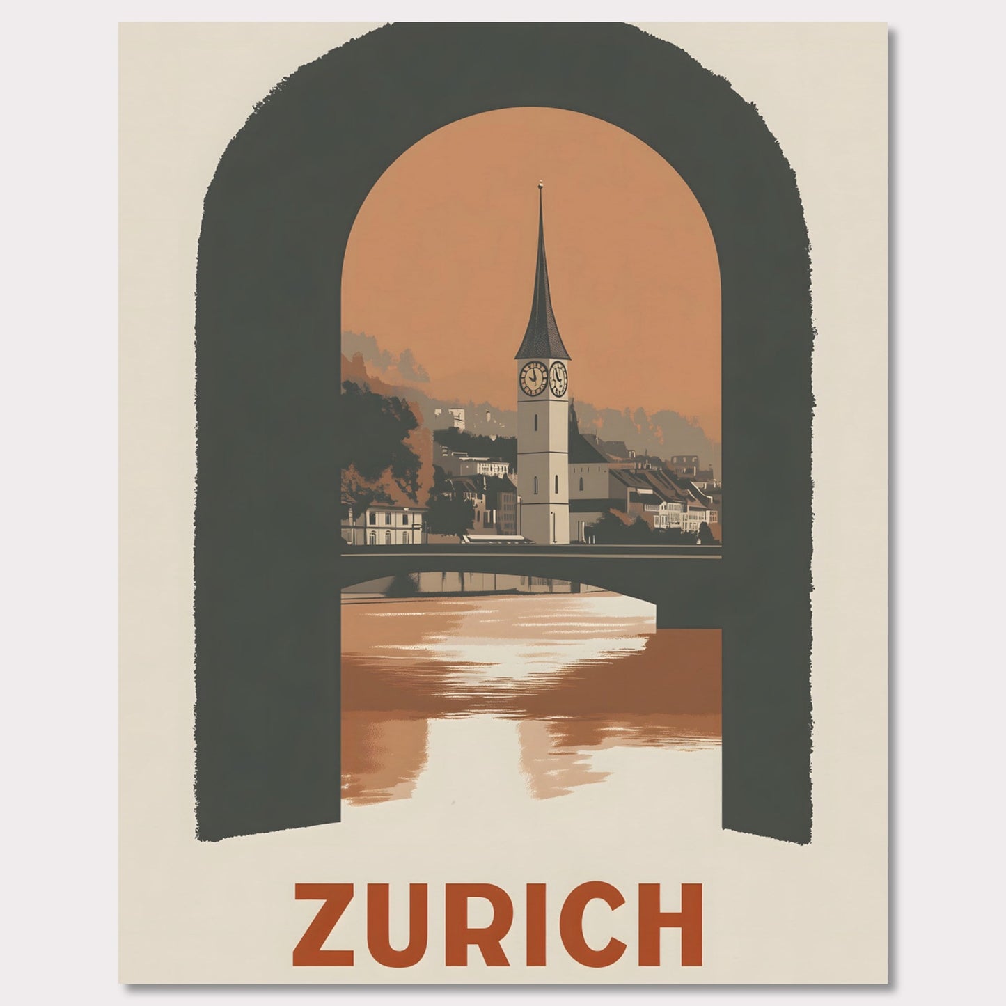 A sophisticated poster featuring Zurich’s historic clock tower, framed through an arched window. The blend of soft tones and bold composition creates a striking visual balance.