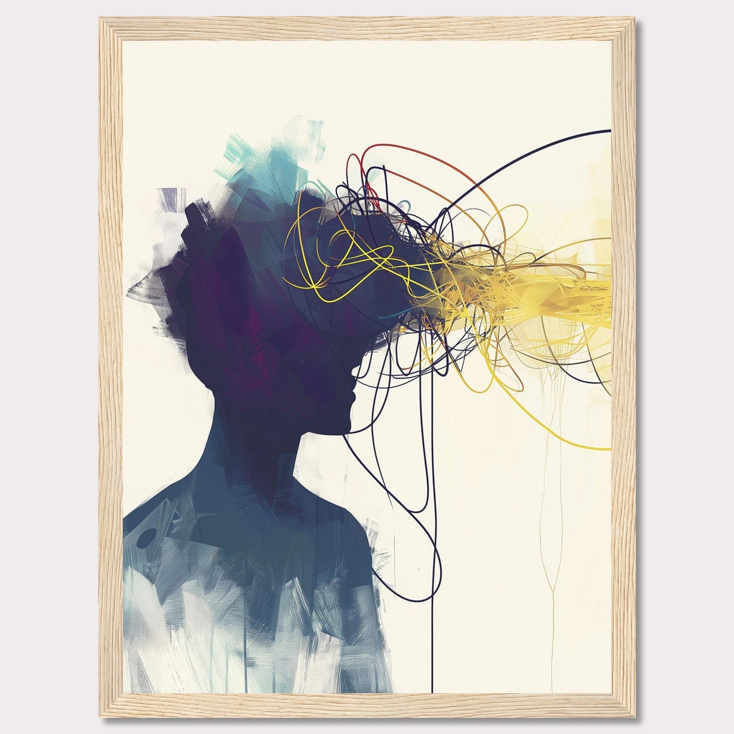 This captivating artwork features the silhouette of a person with an explosion of colorful, tangled lines emanating from their head, representing thoughts and creativity. The abstract design is set against a minimalist background, contrasting the vibrant colors with the dark silhouette.