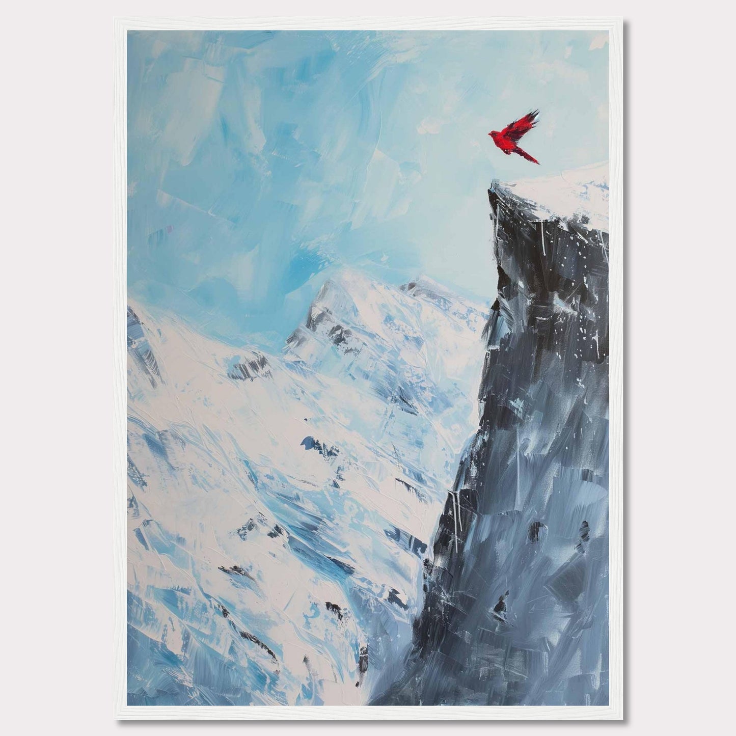 This stunning artwork captures a vibrant red bird soaring above a majestic snow-covered mountain peak, set against a serene blue sky. The contrast between the vivid bird and the icy landscape creates a striking visual impact.