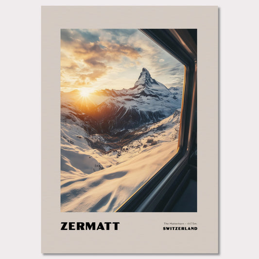 A stunning view of the Matterhorn bathed in golden sunset hues. Towering at 4478 meters, this legendary mountain has always drawn adventurers and travelers. The warm colors of the sunset create an extraordinary atmosphere, while the snow-covered slopes emphasize the purity and majesty of nature.