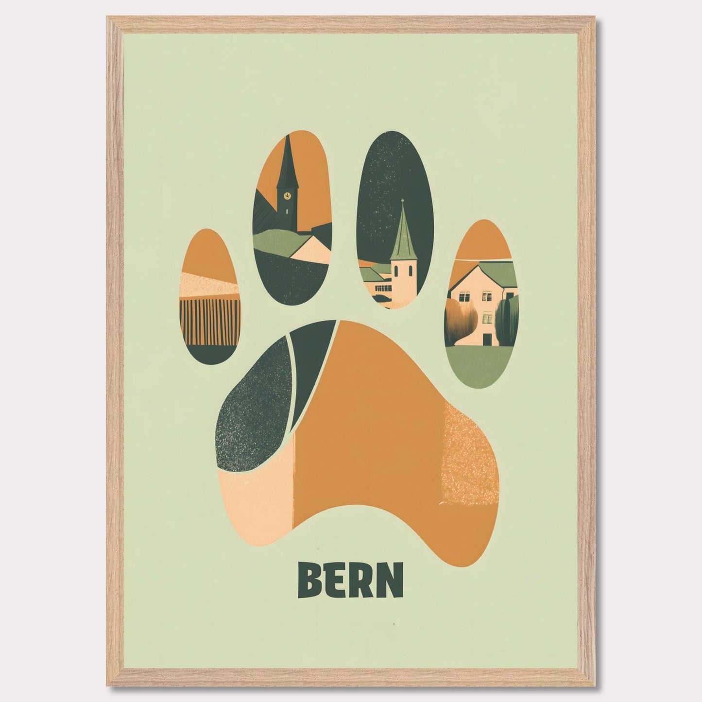 This unique poster blends the charm of Bern’s architecture with the city’s symbolic bear in an abstract, paw-print design. The warm earth tones and clean lines create a harmonious balance between modern minimalism and historical elements.