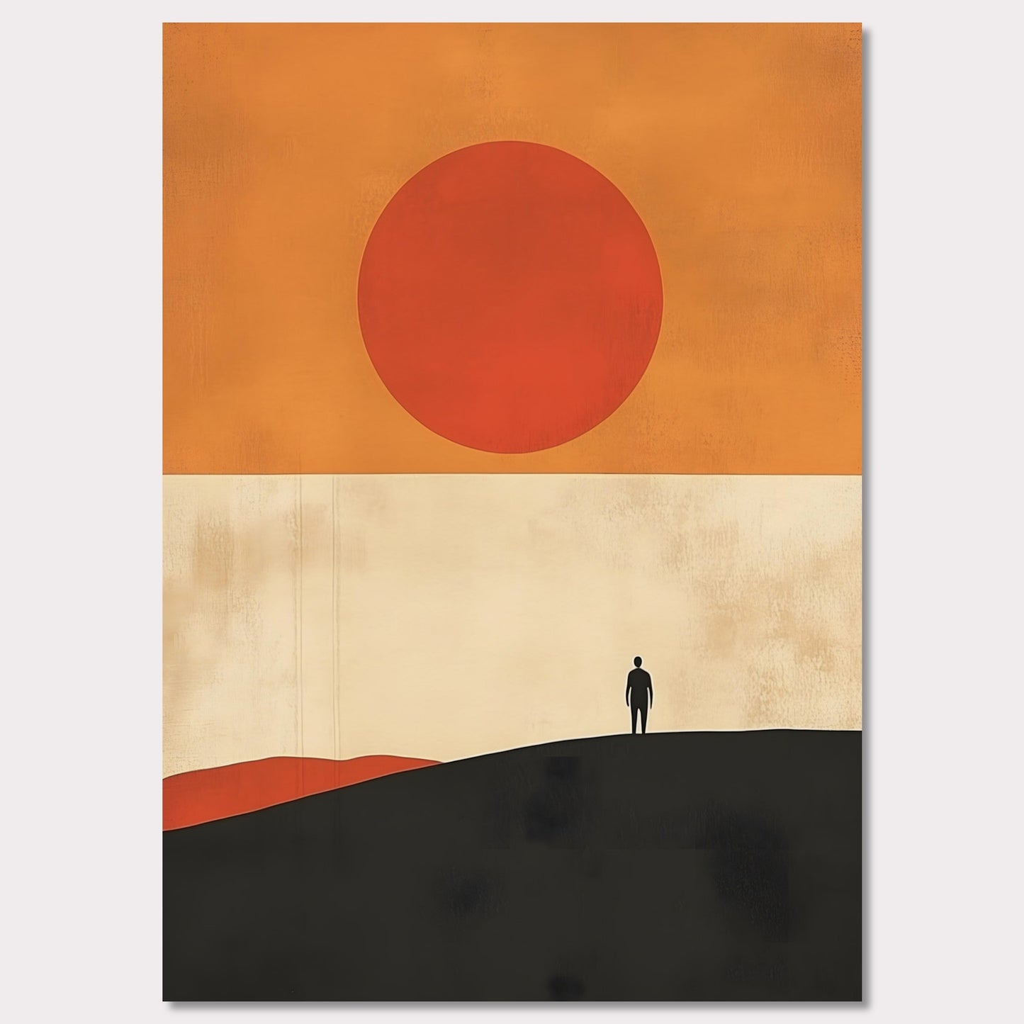 A striking minimalist artwork that conveys a sense of isolation and reflection. A lone figure stands on a hill under an oversized sun, evoking themes of wanderlust, contemplation, and the vastness of the world. The warm tones and simple composition give it a timeless, meditative feel.