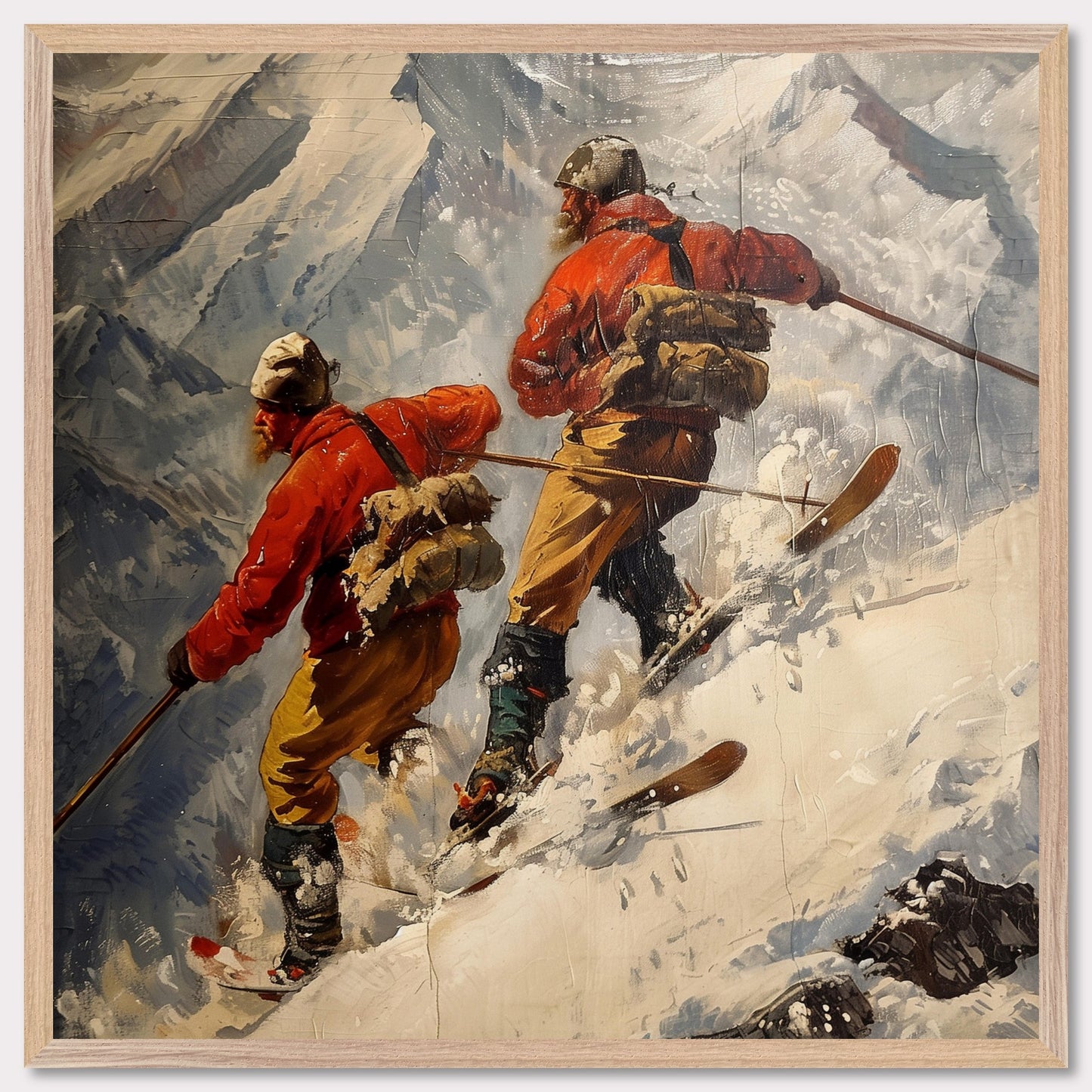 This captivating painting depicts two adventurers skiing down a steep, snowy mountain slope. They are dressed in bright red jackets and sturdy gear, emphasizing their readiness for the harsh conditions. The rugged mountain landscape in the background highlights the challenge and thrill of their descent.