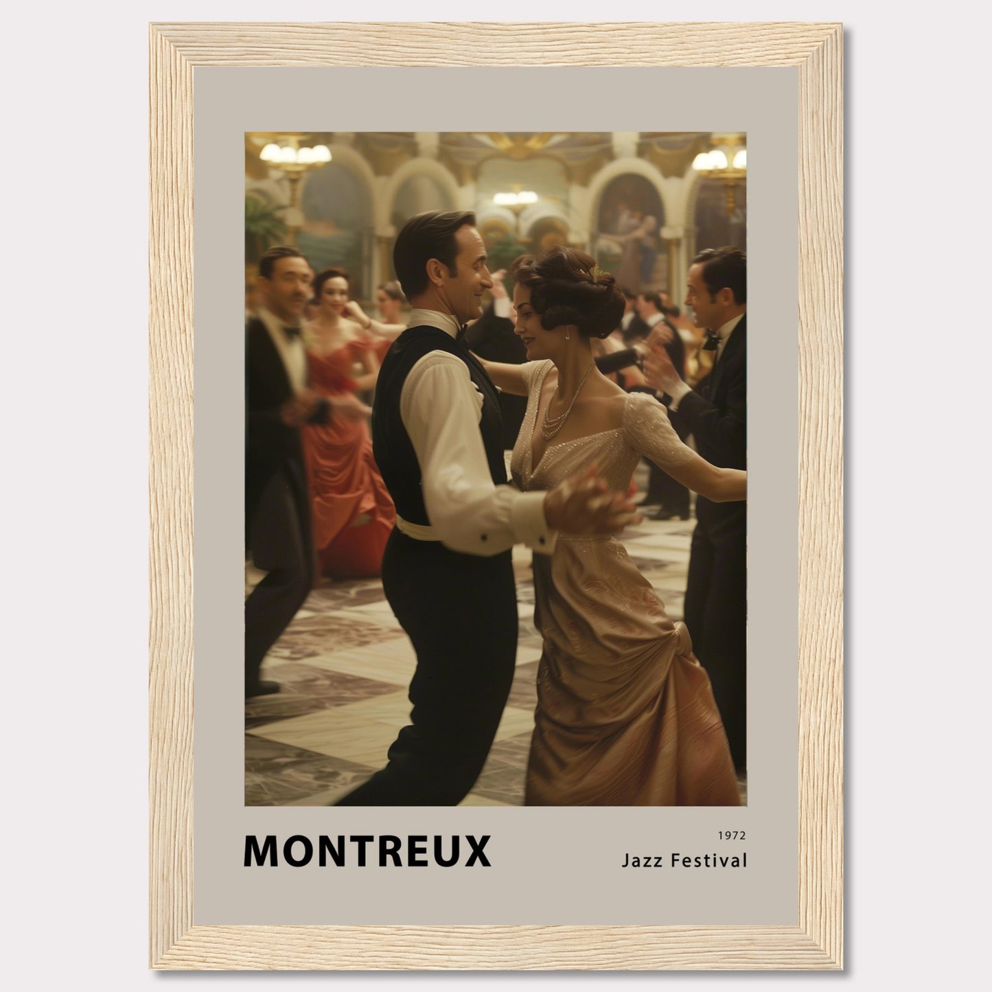 This elegant poster captures a moment of grace and sophistication at the Montreux Jazz Festival in 1972. A couple is seen dancing in a grand ballroom, surrounded by other elegantly dressed attendees. The atmosphere is vibrant and full of life, evoking the charm and allure of a bygone era.