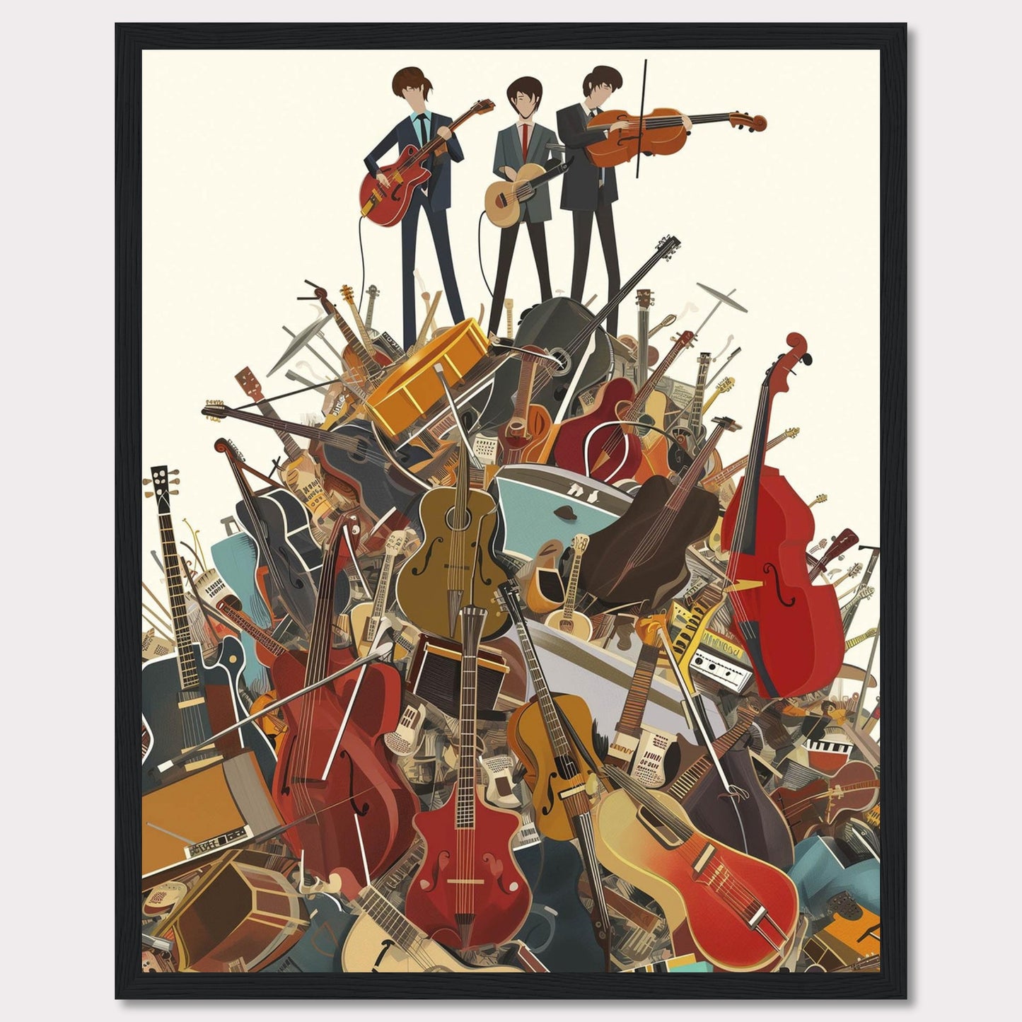 This vibrant illustration captures three musicians standing atop a towering pile of various musical instruments. The scene is filled with guitars, violins, cellos, drums, and more, creating a lively and energetic atmosphere.