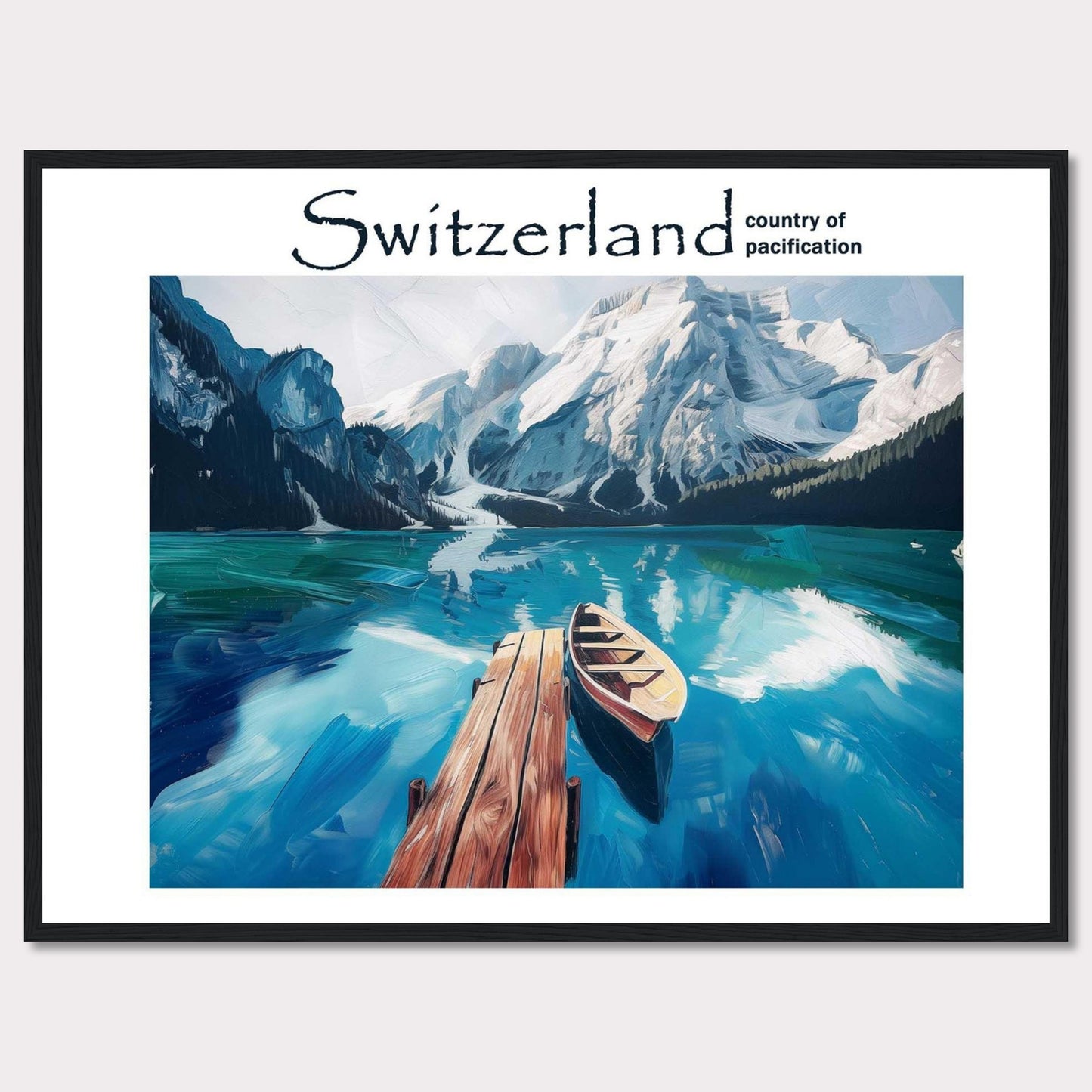 This image showcases a serene lake in Switzerland, surrounded by majestic snow-capped mountains. A wooden dock extends into the calm, reflective waters, where a lone boat is moored. The scene is tranquil and inviting, epitomizing the peacefulness of the Swiss landscape.