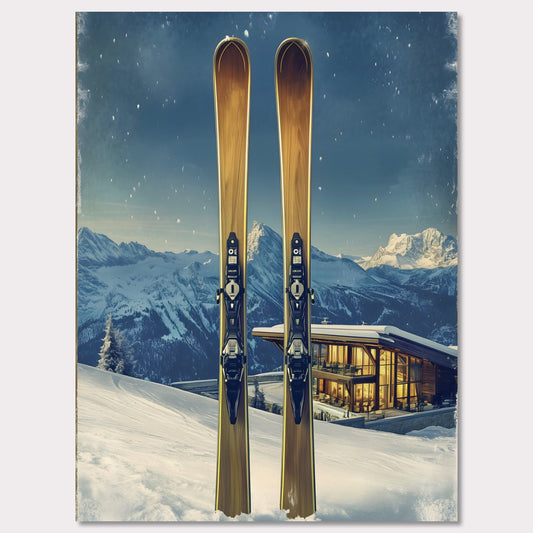 This elegant poster showcases the perfect blend of tradition and modernity in a snowy alpine escape. Two sleek skis stand proudly in the foreground, while a contemporary, glowing chalet nestled in the mountains provides a warm contrast to the frosty winter scene.