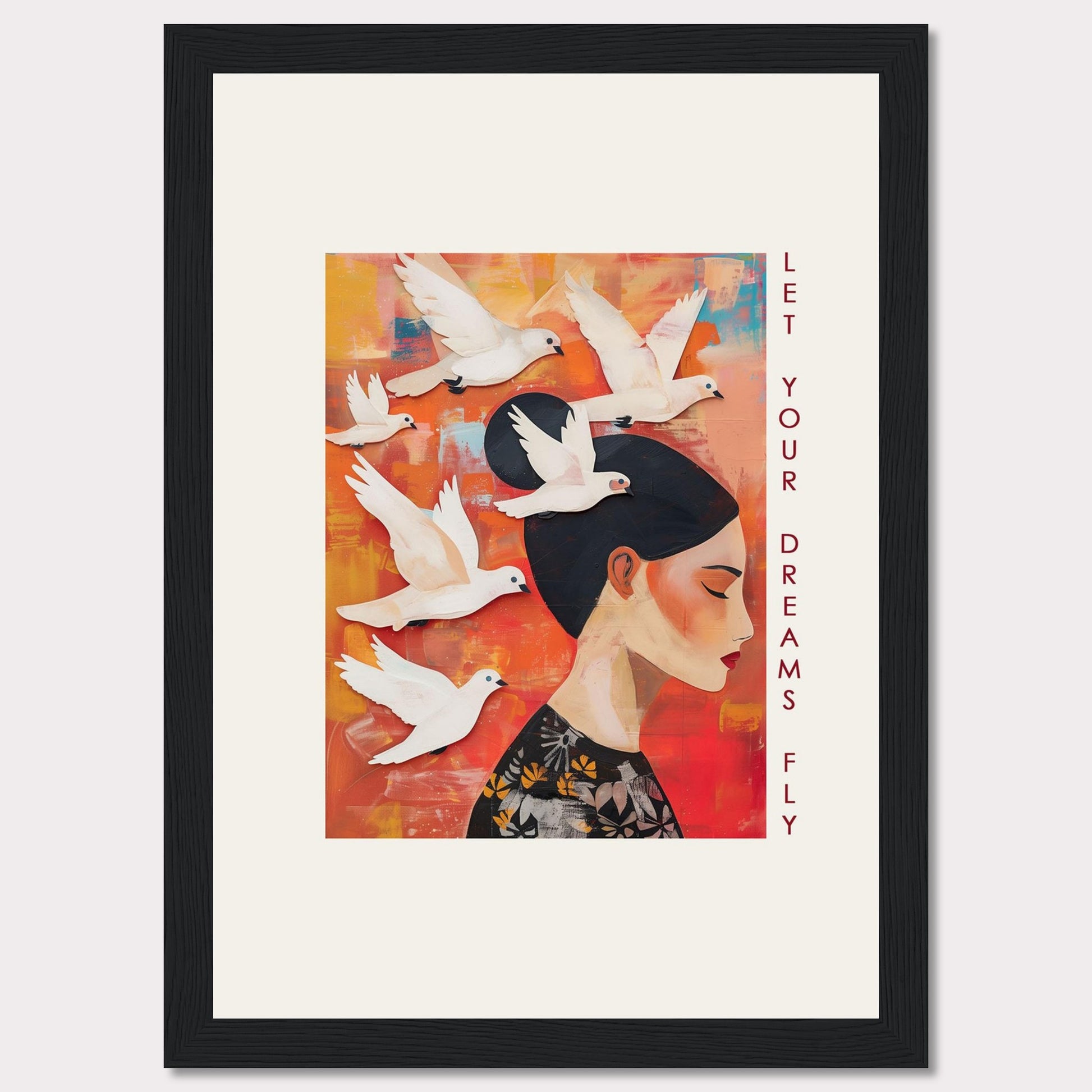 This vibrant artwork features a serene woman with her eyes closed, surrounded by white doves flying against a colorful background. The words "Let Your Dreams Fly" are written vertically along the right side, inspiring viewers to pursue their aspirations.