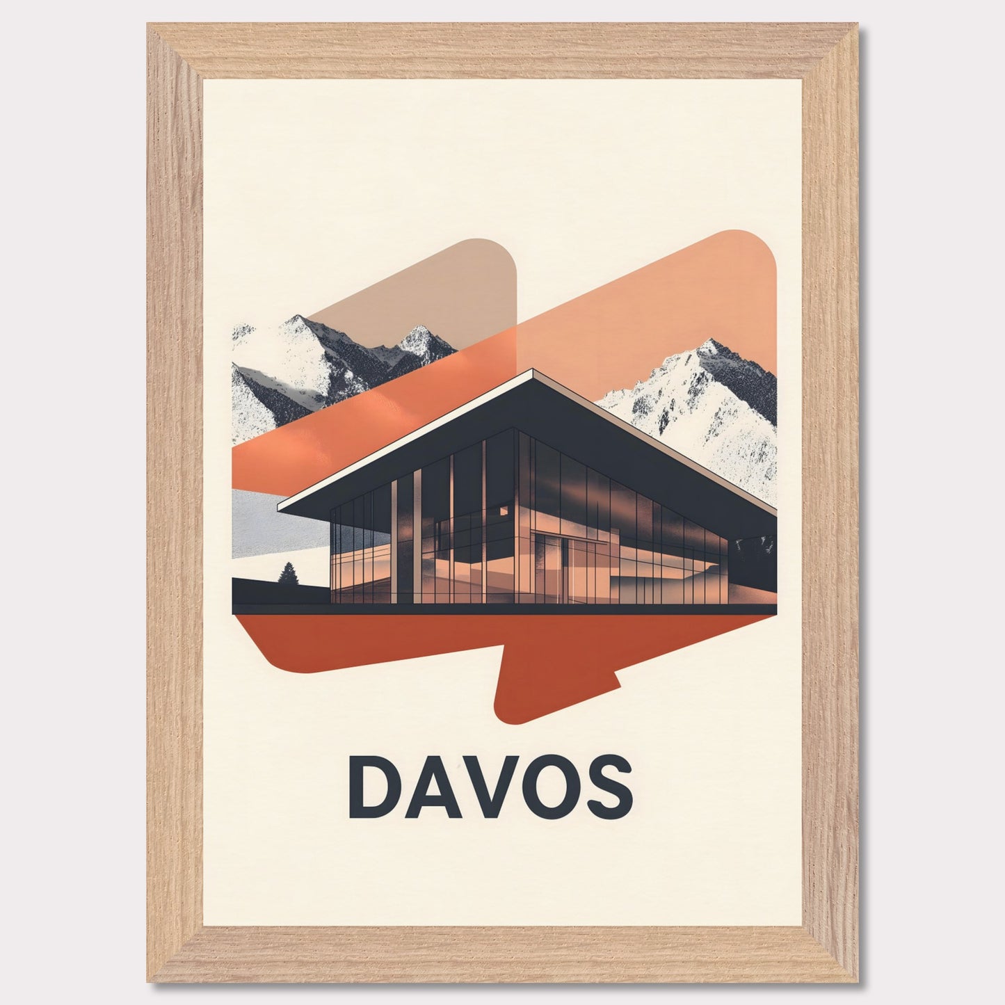 A sleek, modern representation of Davos, featuring a glass-fronted building set against towering alpine mountains. The minimalist color palette and subtle lighting effects give the scene a futuristic yet inviting feel.