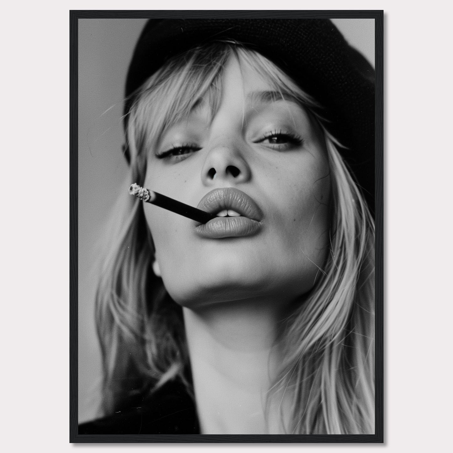 This striking black and white portrait captures a woman with a cigarette between her lips, exuding confidence and allure. Her intense gaze, slightly parted lips, and the casual placement of the cigarette create a bold and edgy aesthetic. The image is framed in a sleek black border, adding to its sophisticated appeal.