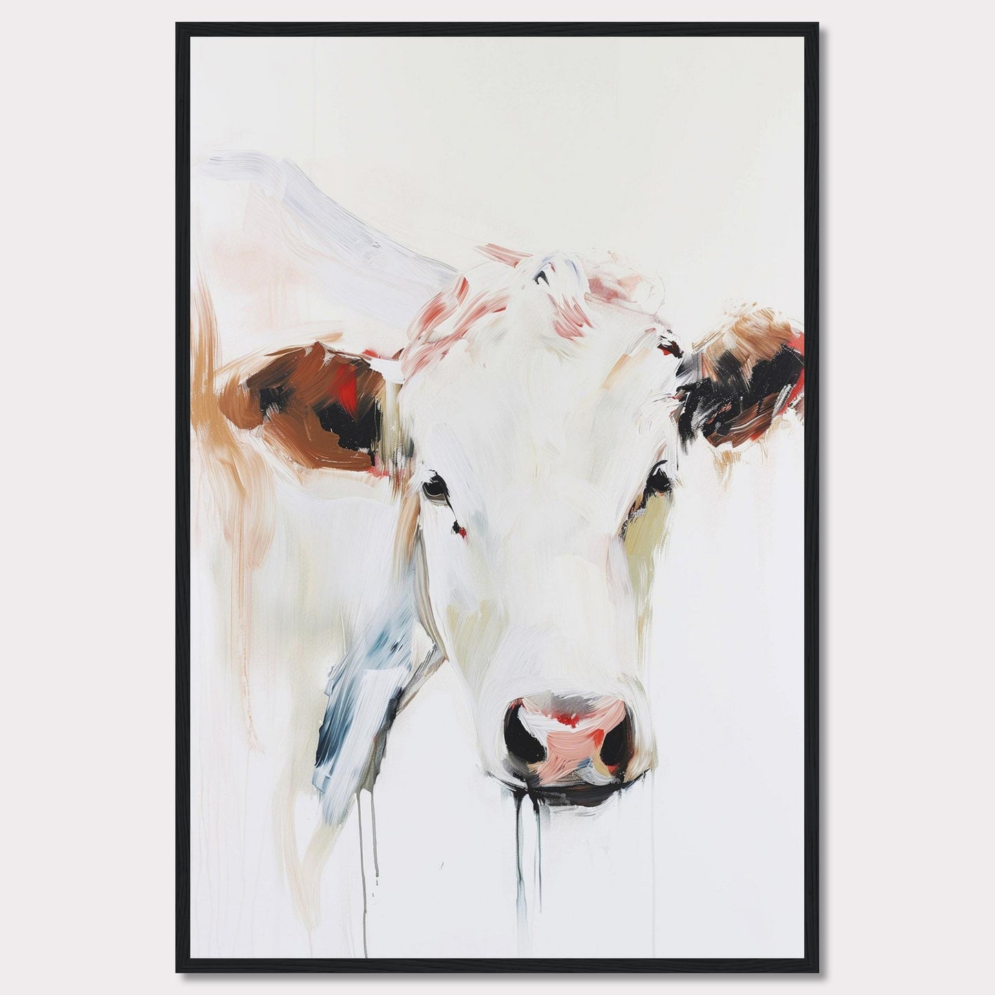 This captivating painting features a close-up of a cow's face, rendered in a modern abstract style. The artwork uses bold brush strokes and a blend of soft and vibrant colors to create a striking visual impact.