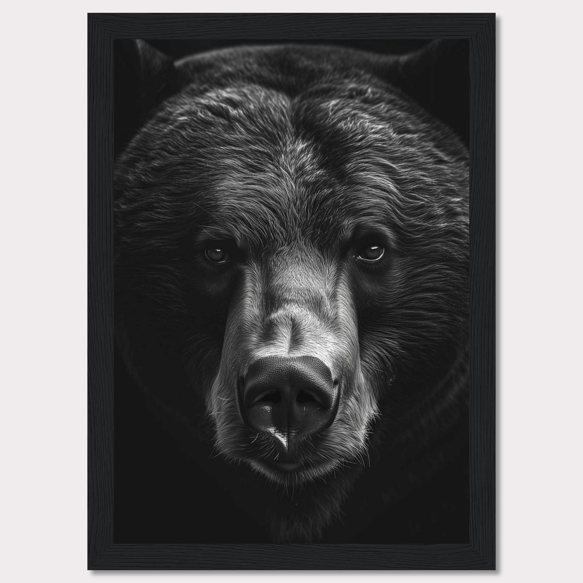 This striking black and white photograph captures the intense gaze of a bear, emphasizing its powerful presence and majestic features. The close-up shot highlights the intricate details of the bear's fur and facial structure, creating a captivating and dramatic effect.