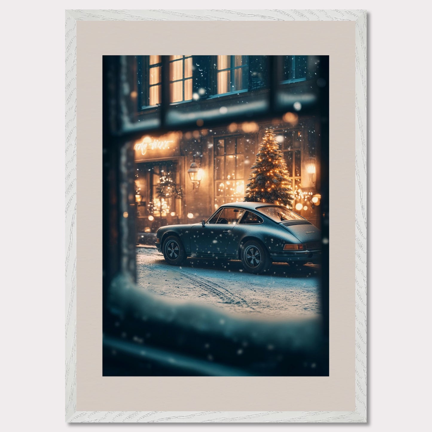 This cozy holiday poster captures a snowy Christmas evening, viewed through a frosty window. The glowing lights of a festive tree and a classic vintage car set the stage for a warm, nostalgic celebration. The snowflakes gently falling add magic to the enchanting alpine village atmosphere.