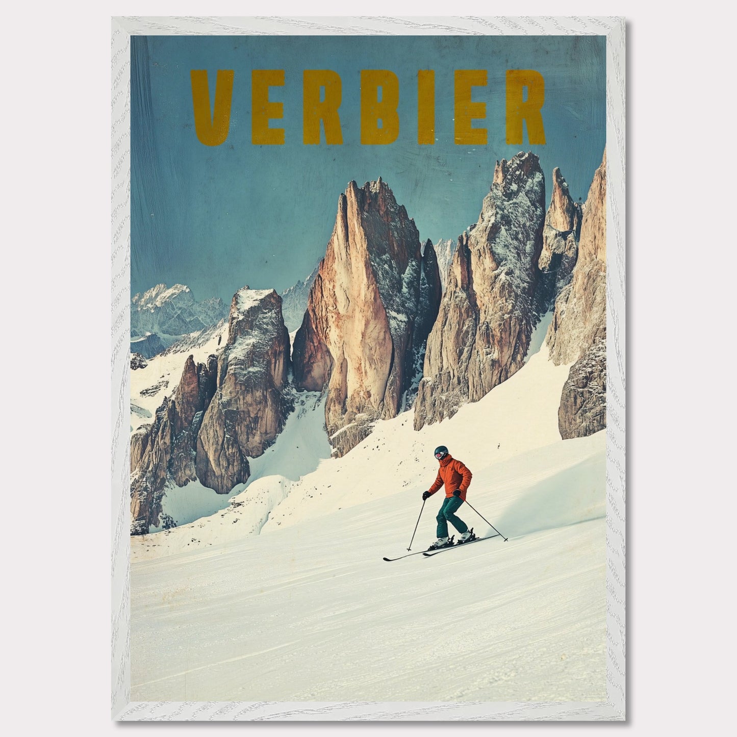 This stunning vintage poster showcases the essence of skiing in Verbier, with a lone skier carving through fresh powder beneath towering, jagged alpine peaks. The vibrant orange jacket of the skier contrasts beautifully with the crisp, snowy landscape and the rugged beauty of the mountains. The bold, retro typography reinforces the feeling of adventure and nostalgia, inviting viewers to experience the thrill of Verbier’s iconic slopes.