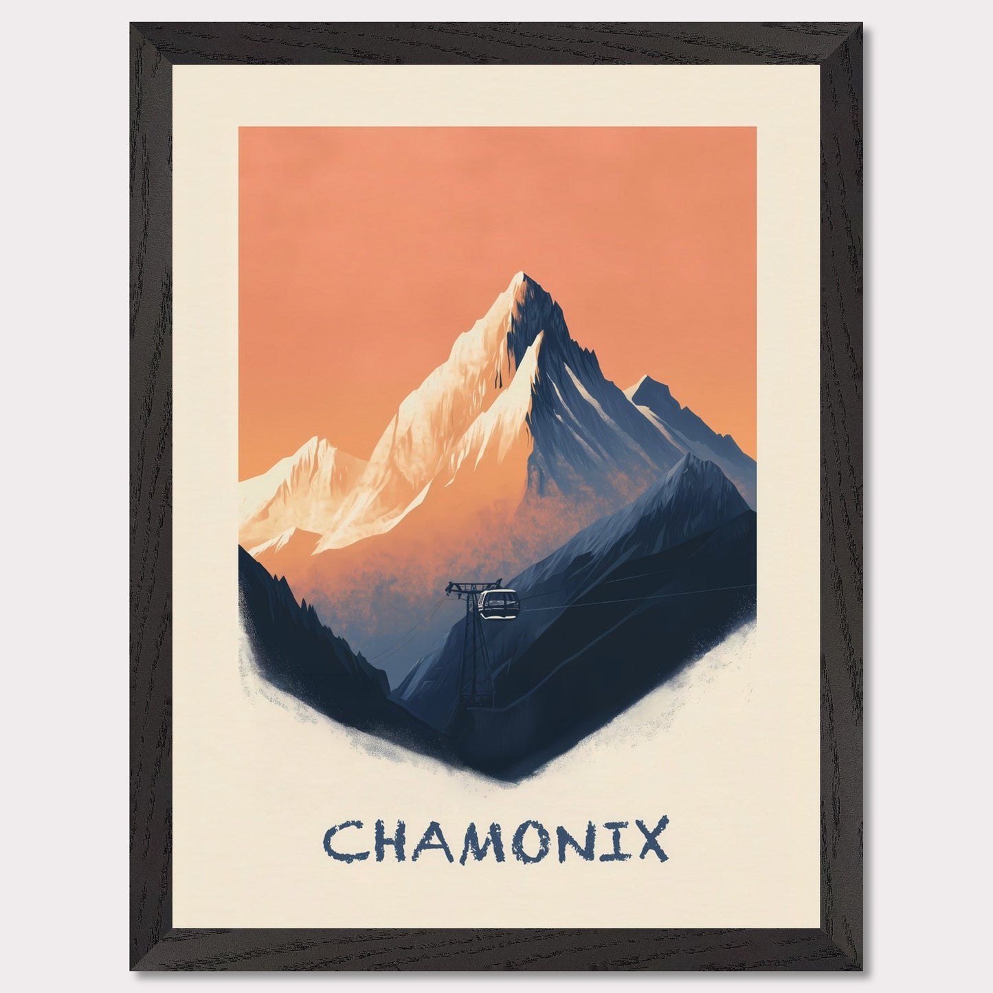 This breathtaking poster captures the rugged majesty of Chamonix, with the towering snow-capped peaks set against a warm, pastel sky. A cable car ascends through the mist, symbolizing adventure, exploration, and the timeless allure of the Alps.