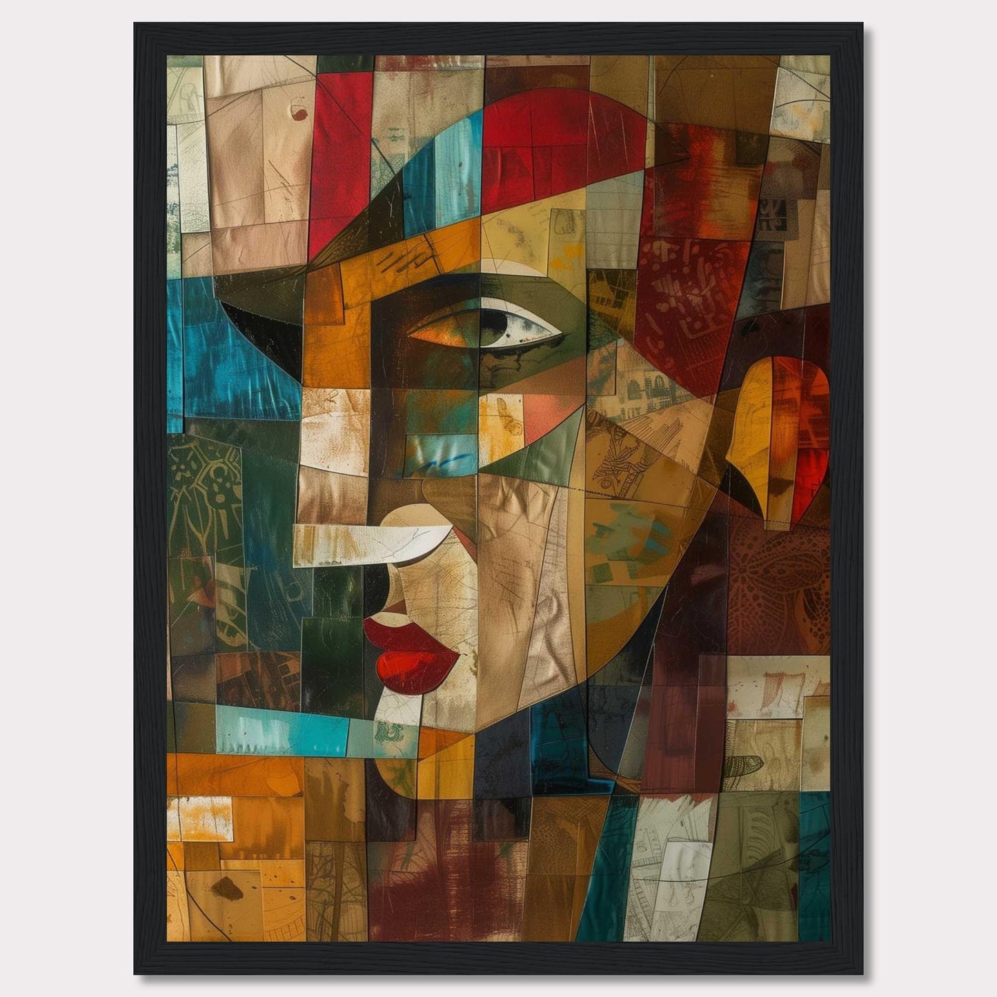 This captivating artwork features a cubist-style portrait, blending vibrant colors and geometric shapes to create a striking visual. The image showcases an abstract face with prominent red lips, a sharp nose, and expressive eyes.