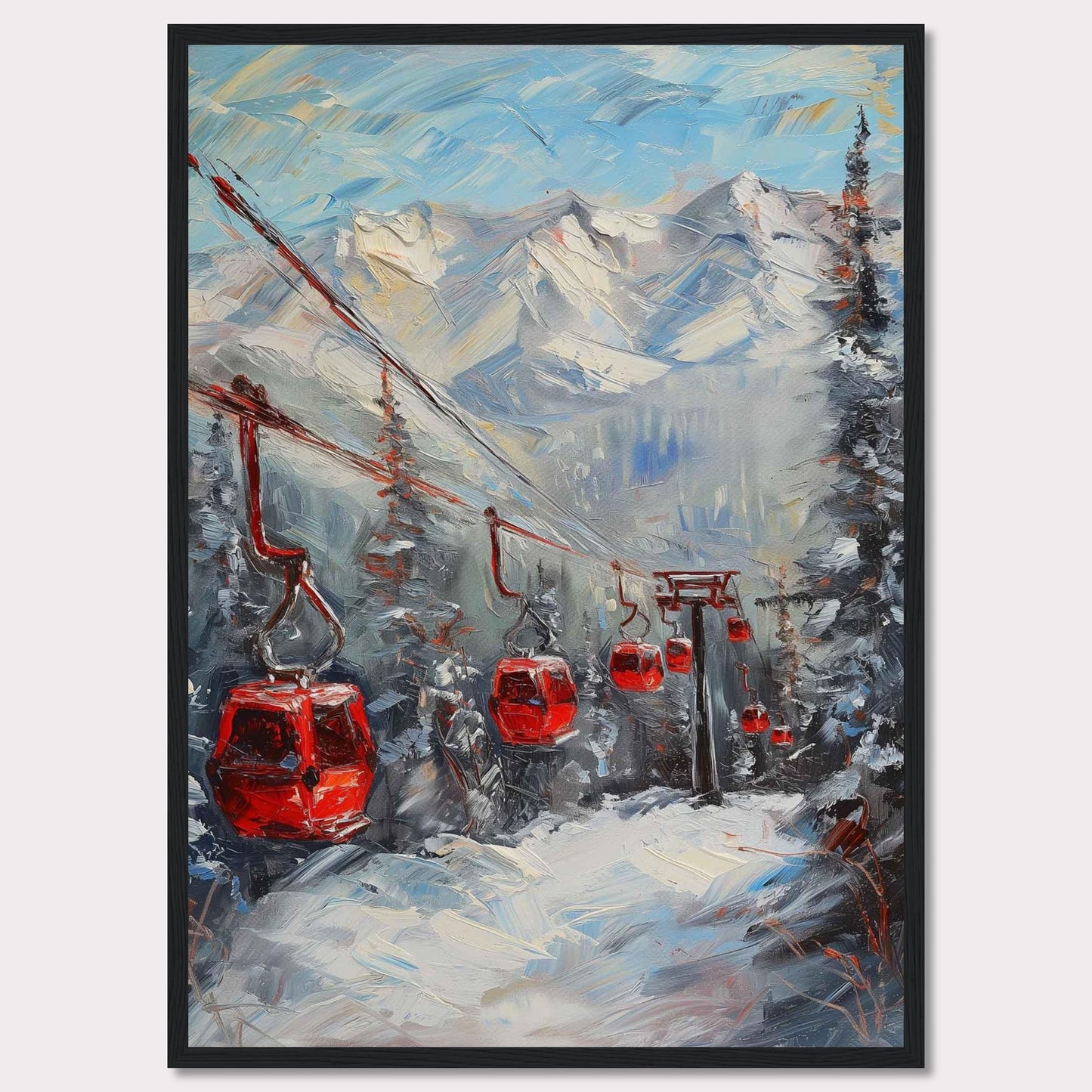 This captivating painting showcases a vibrant winter scene with red cable cars gliding through a snowy mountain landscape.