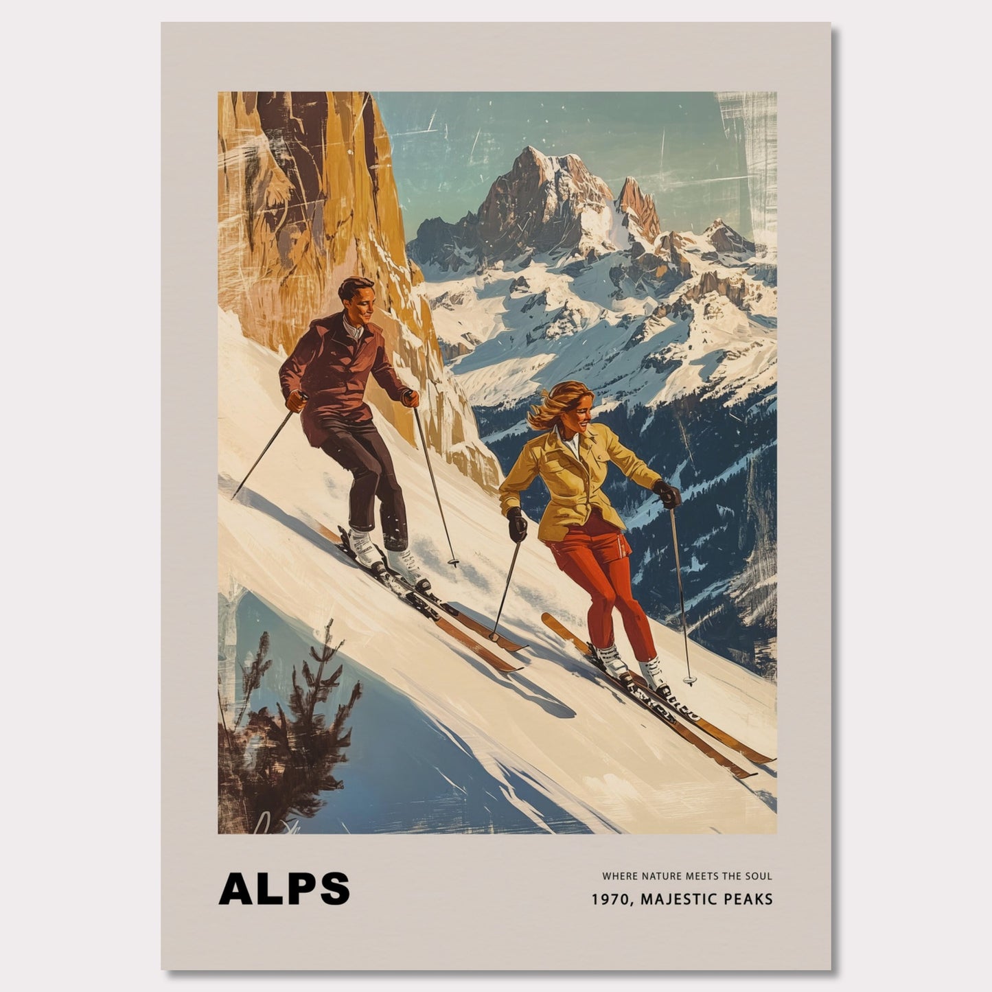 This striking vintage poster celebrates the grandeur of the Alps, depicting a dynamic pair of skiers descending snowy slopes with towering peaks in the background. Their confident movements against the crisp, majestic scenery capture the essence of alpine adventure. The warm, retro tones paired with the timeless typography evoke a sense of nostalgia and the spirit of mountain exploration.