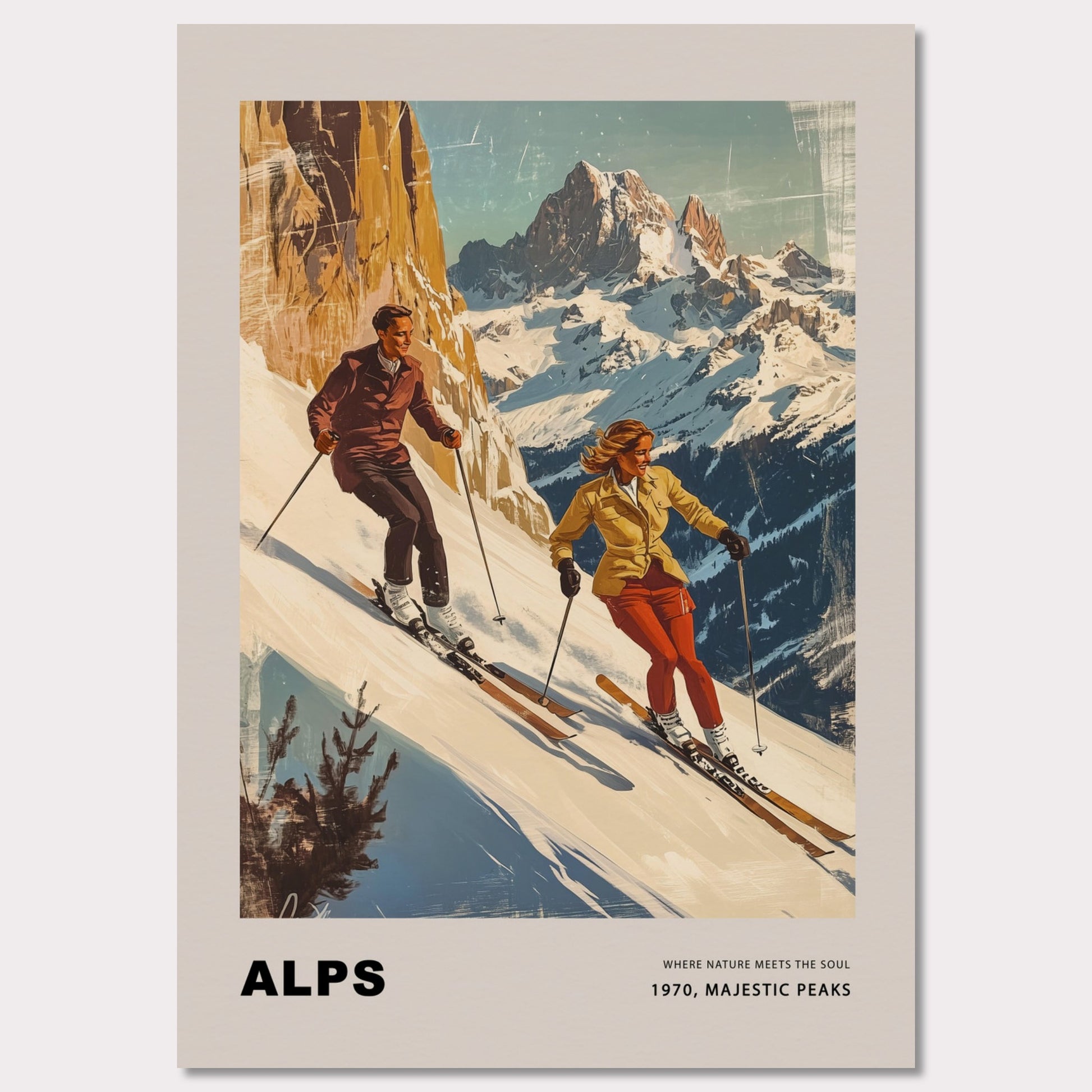 This striking vintage poster celebrates the grandeur of the Alps, depicting a dynamic pair of skiers descending snowy slopes with towering peaks in the background. Their confident movements against the crisp, majestic scenery capture the essence of alpine adventure. The warm, retro tones paired with the timeless typography evoke a sense of nostalgia and the spirit of mountain exploration.