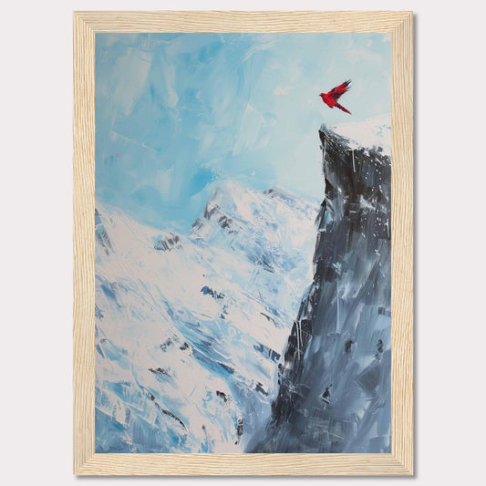 This stunning artwork captures a vibrant red bird soaring above a majestic snow-covered mountain peak, set against a serene blue sky. The contrast between the vivid bird and the icy landscape creates a striking visual impact.