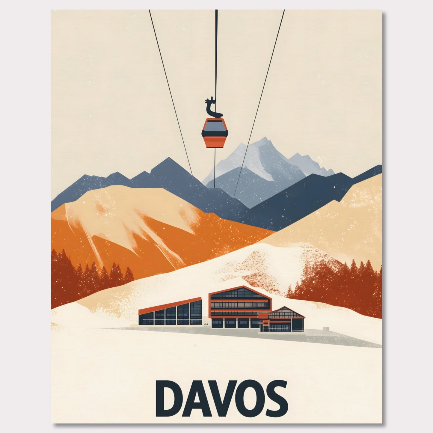 A stunning visual of a winter resort in Davos, nestled among snow-covered mountains. A cable car ascends above, symbolizing the excitement of skiing and high-altitude adventures.