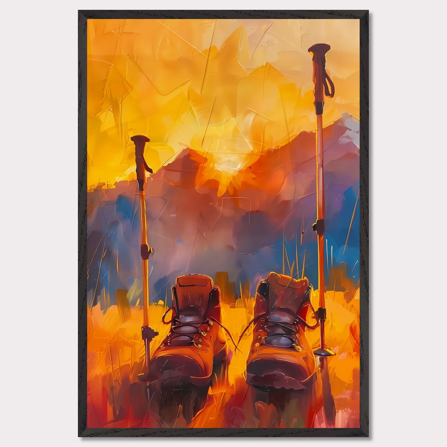 This illustration depicts a pair of hiking boots and trekking poles set against a vibrant, abstract background of mountains and a sunset.