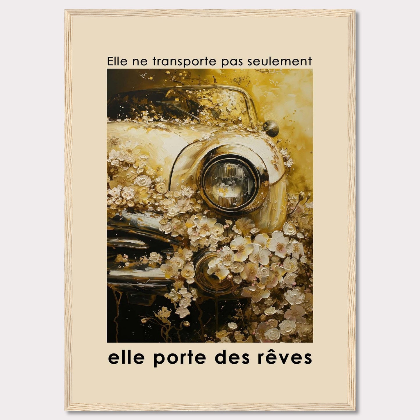 This image features a vintage car adorned with an abundance of delicate flowers, creating a dreamy and nostalgic atmosphere. The text above the image reads "Elle ne transporte pas seulement," and below it says "elle porte des rêves," translating to "It doesn't just transport, it carries dreams."