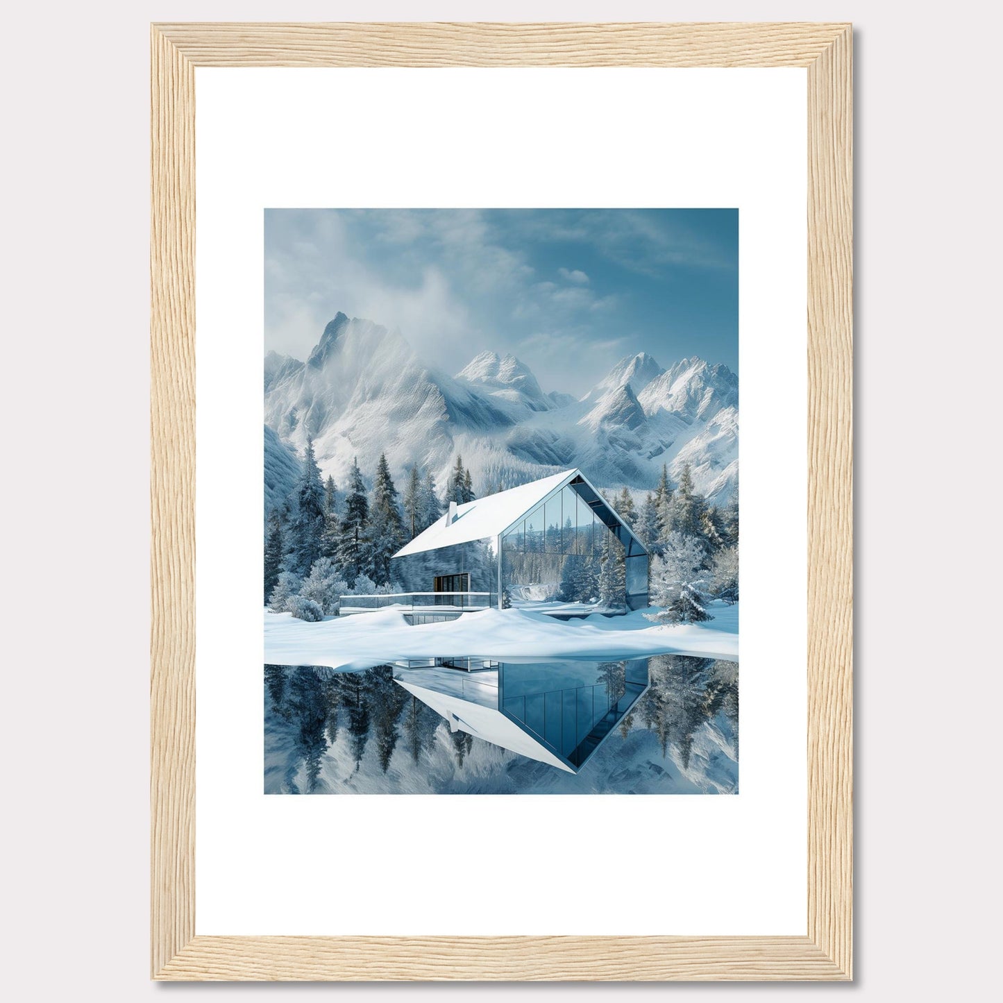 This stunning image showcases a modern glass house nestled in a serene snowy landscape, with majestic mountains in the background. The reflection of the house and trees on the calm water adds to the tranquil ambiance.