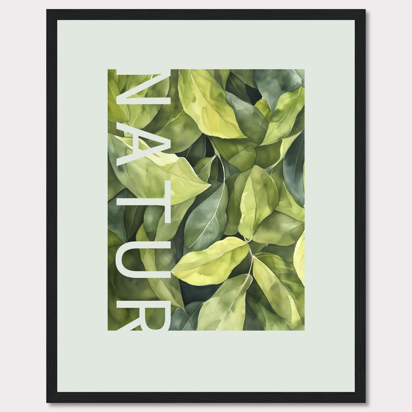 This beautiful framed artwork showcases a lush, green foliage design with the word "NATUR" elegantly integrated into the composition. The vibrant leaves create a refreshing and calming visual experience.