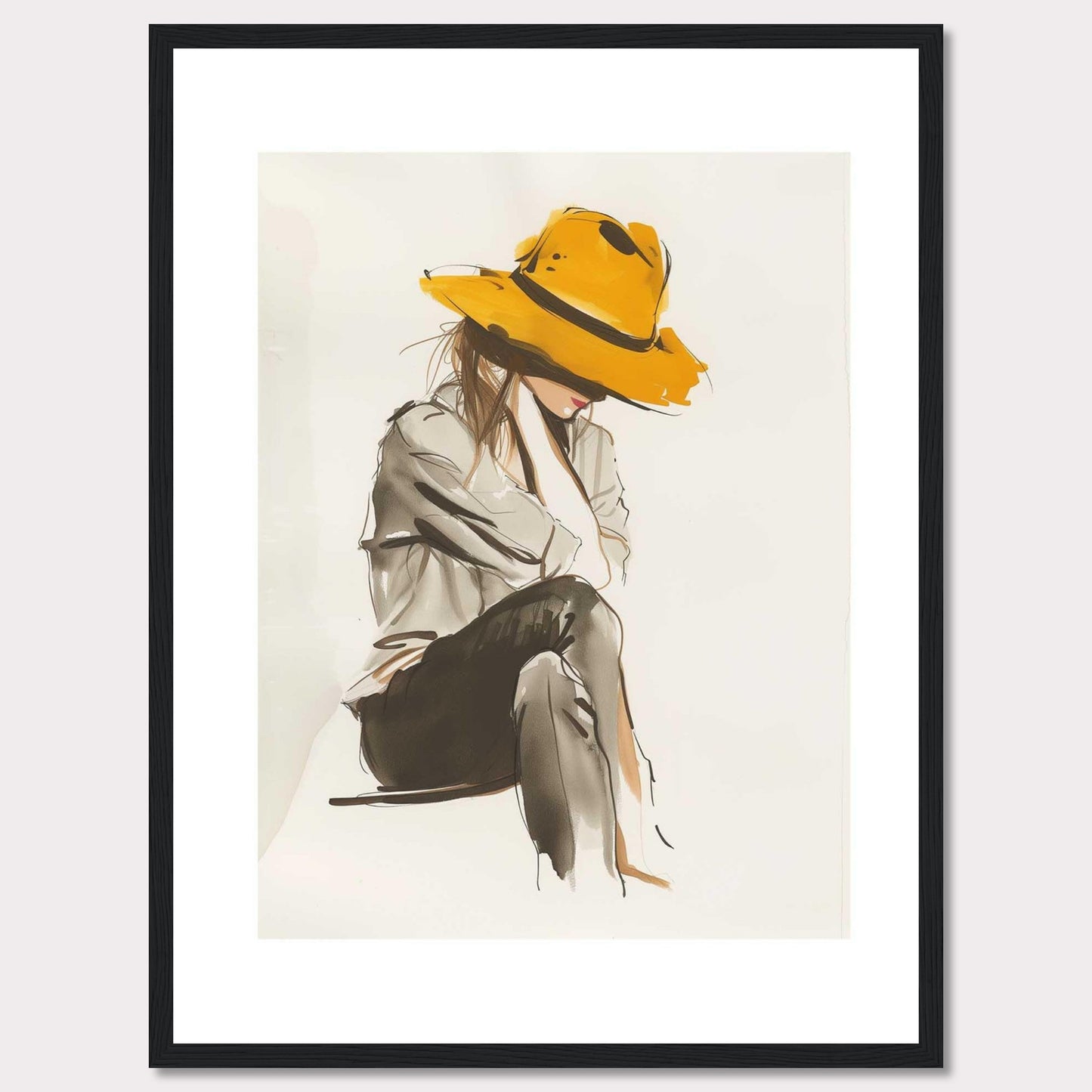 This artwork features a stylish illustration of a person wearing a large, vibrant yellow hat. The figure is seated, with their head slightly bowed, creating a sense of introspection and calm. The use of muted tones for the clothing contrasts beautifully with the boldness of the hat, making it the focal point of the piece. The minimalist background allows the viewer to fully appreciate the elegance and simplicity of the design.