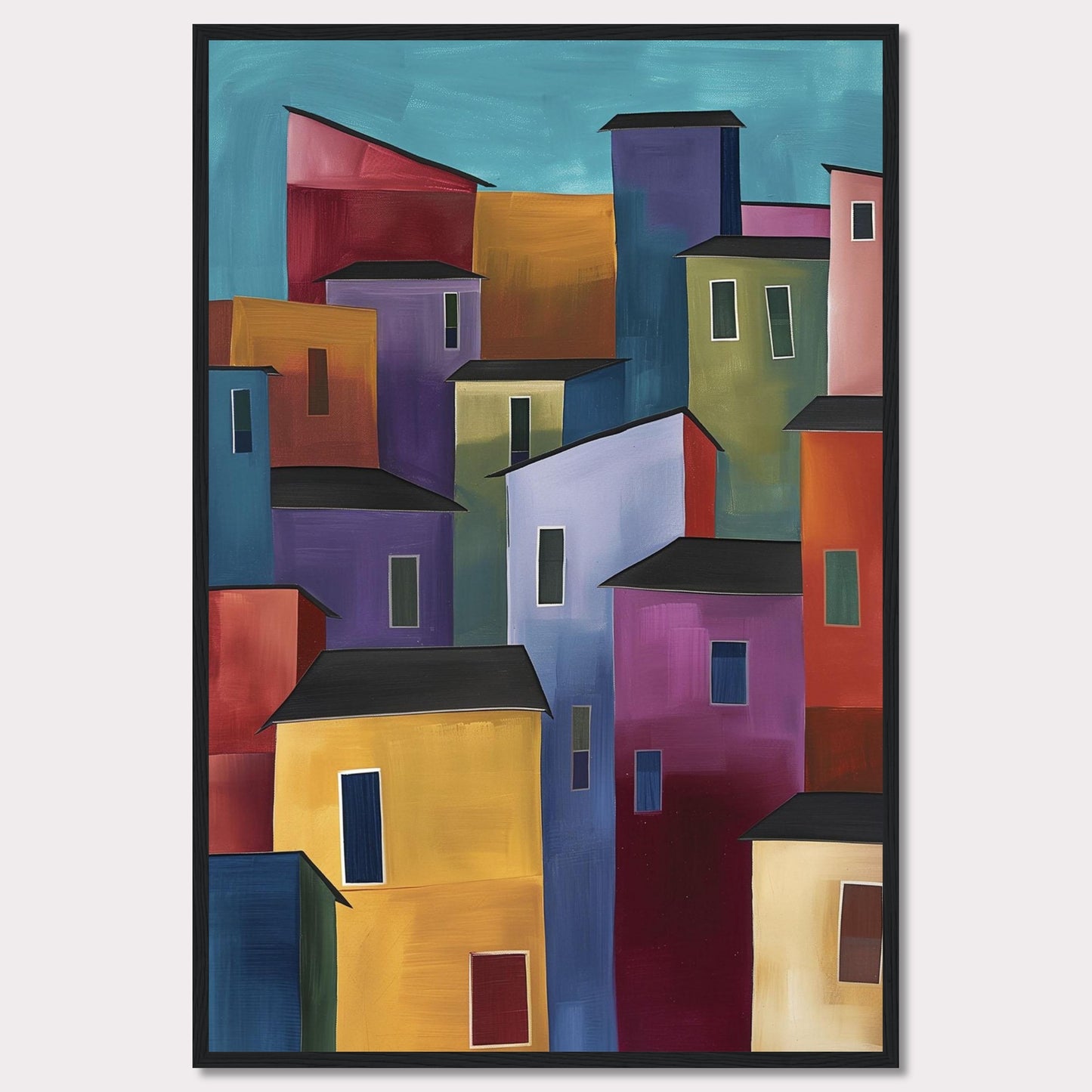 This vibrant painting features a colorful array of abstract buildings, each with unique hues and shapes, set against a serene blue sky. The bold use of colors and geometric forms creates a lively and dynamic cityscape.