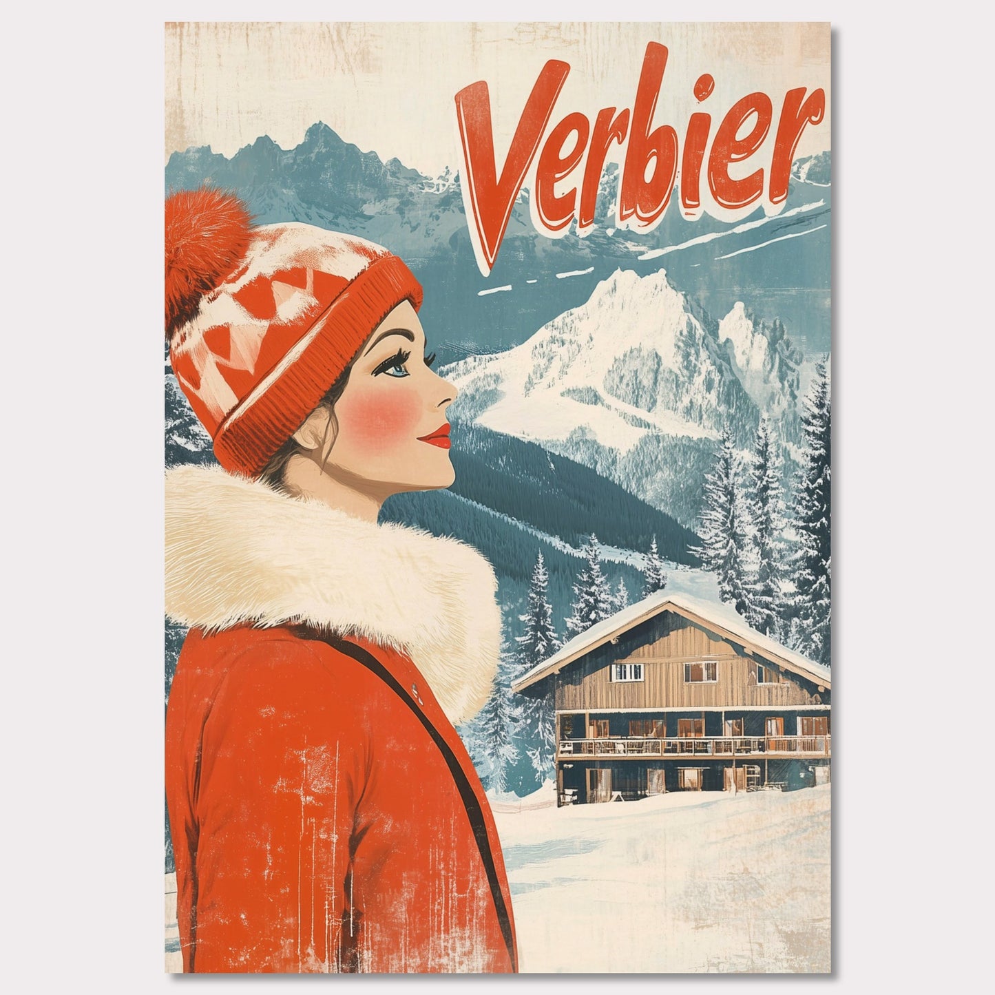 This elegant retro-style poster features a woman in a stylish red winter coat and pom-pom hat, looking towards the majestic Verbier mountains. The soft pastel tones and crisp white snow provide a serene backdrop, while the vintage design and typography evoke a sense of sophistication and timeless charm. The poster conveys the allure of Verbier as both an adventure and a refined escape into nature’s beauty.