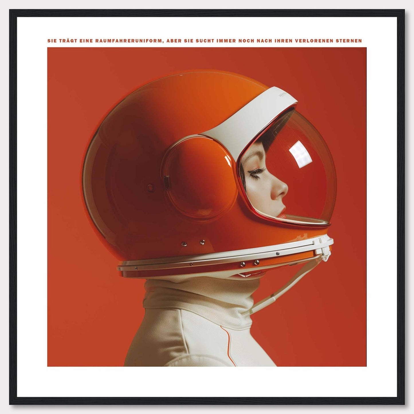 This striking image features a person wearing a vibrant orange astronaut helmet, set against a matching orange background. The profile view captures a sense of contemplation and exploration.