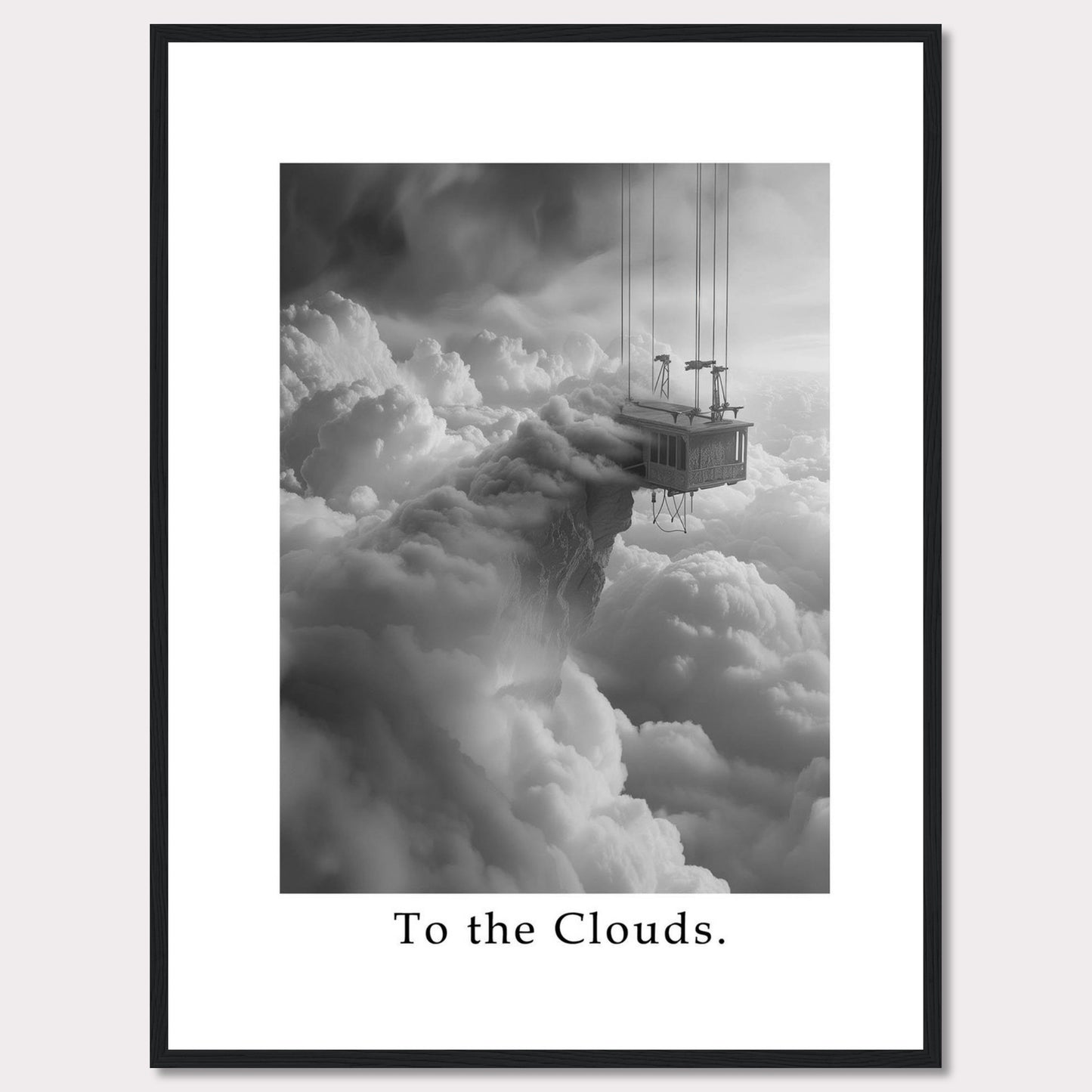 This captivating black and white artwork features a surreal scene of a house suspended high above the clouds, connected by cables. The image evokes a sense of wonder and adventure.