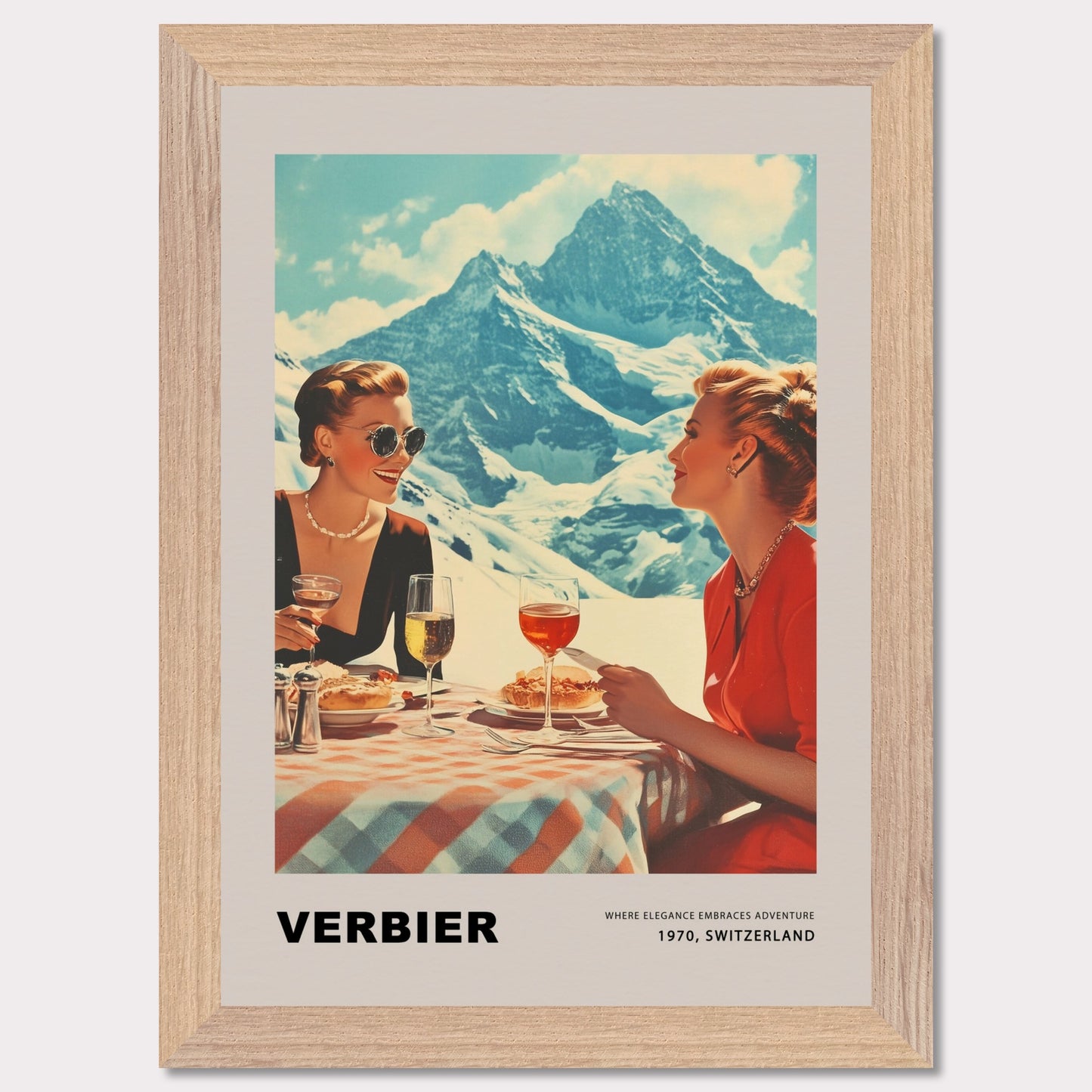 This glamorous poster showcases the refined charm of Verbier, featuring two elegantly dressed women enjoying an alfresco meal with breathtaking alpine peaks as their backdrop. The scene embodies a perfect blend of sophistication and adventure, inviting viewers to savor the unique allure of this Swiss ski destination.