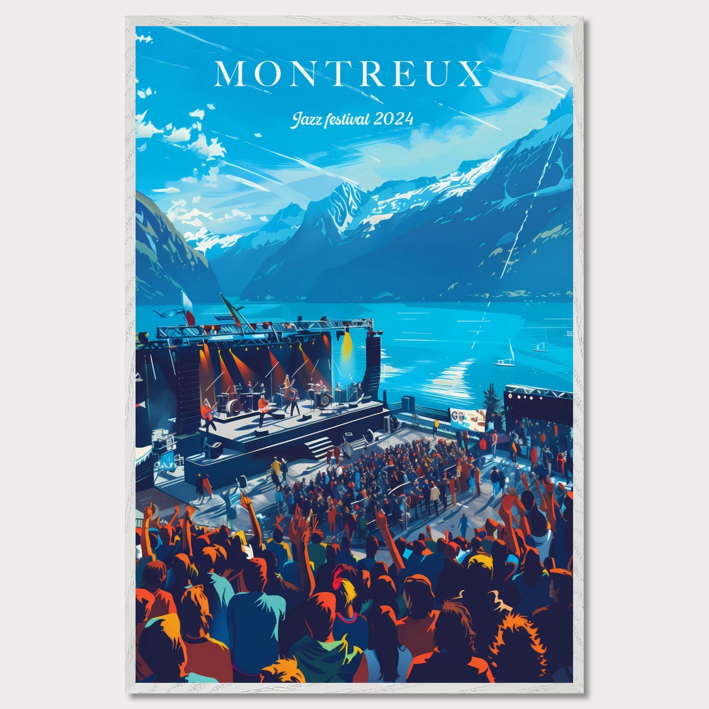 This vibrant poster showcases the Montreux Jazz Festival 2024, set against the stunning backdrop of Lake Geneva and the Swiss Alps. The image features a lively crowd enjoying a performance on an outdoor stage, with musicians playing under a clear blue sky.