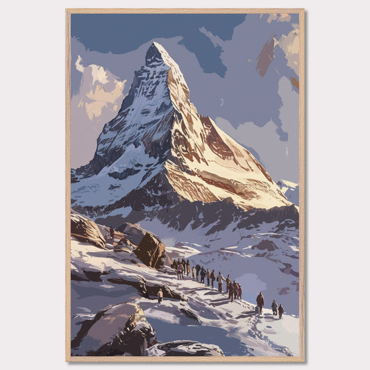 Experience the majestic beauty of this stunning mountain landscape. The image captures a group of adventurers trekking up a snow-covered path towards a towering, sunlit peak. The sky above is clear with a few clouds, adding depth and contrast to the scene. The rugged terrain and the determination of the climbers evoke a sense of awe and inspiration.