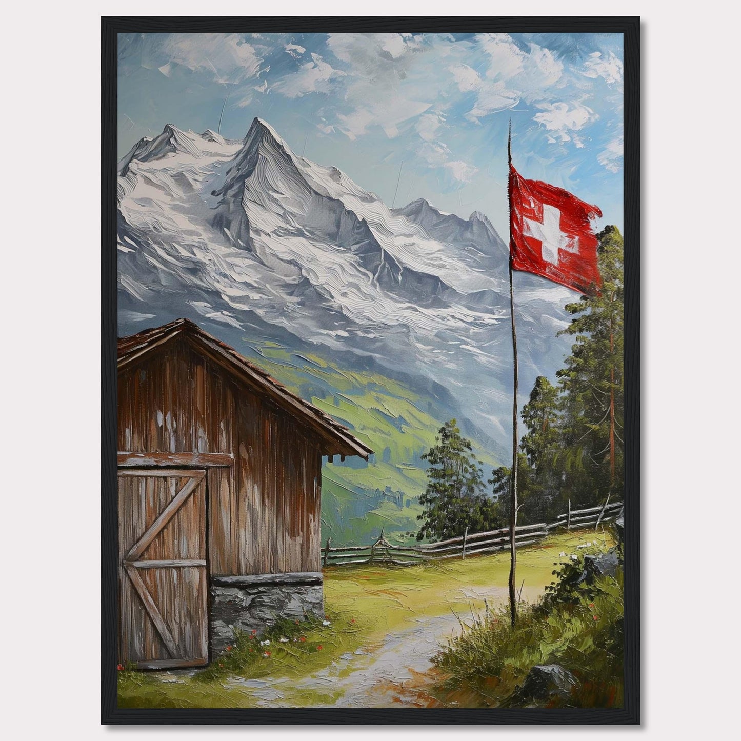 This image depicts a serene mountain scene with a rustic wooden cabin, a Swiss flag fluttering in the breeze, and majestic snow-capped peaks in the background. The lush greenery and clear blue sky add to the tranquil atmosphere.