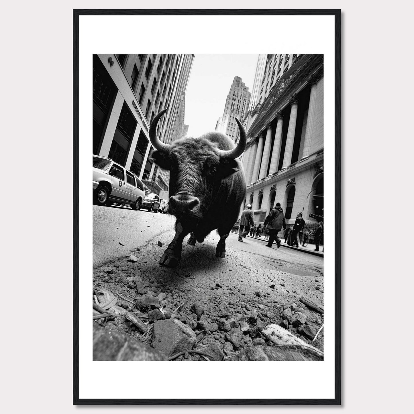 This striking black-and-white photograph captures a powerful bull striding confidently down a bustling city street. The image juxtaposes the raw strength of the bull against the backdrop of towering skyscrapers and busy pedestrians, creating a dramatic and thought-provoking scene.