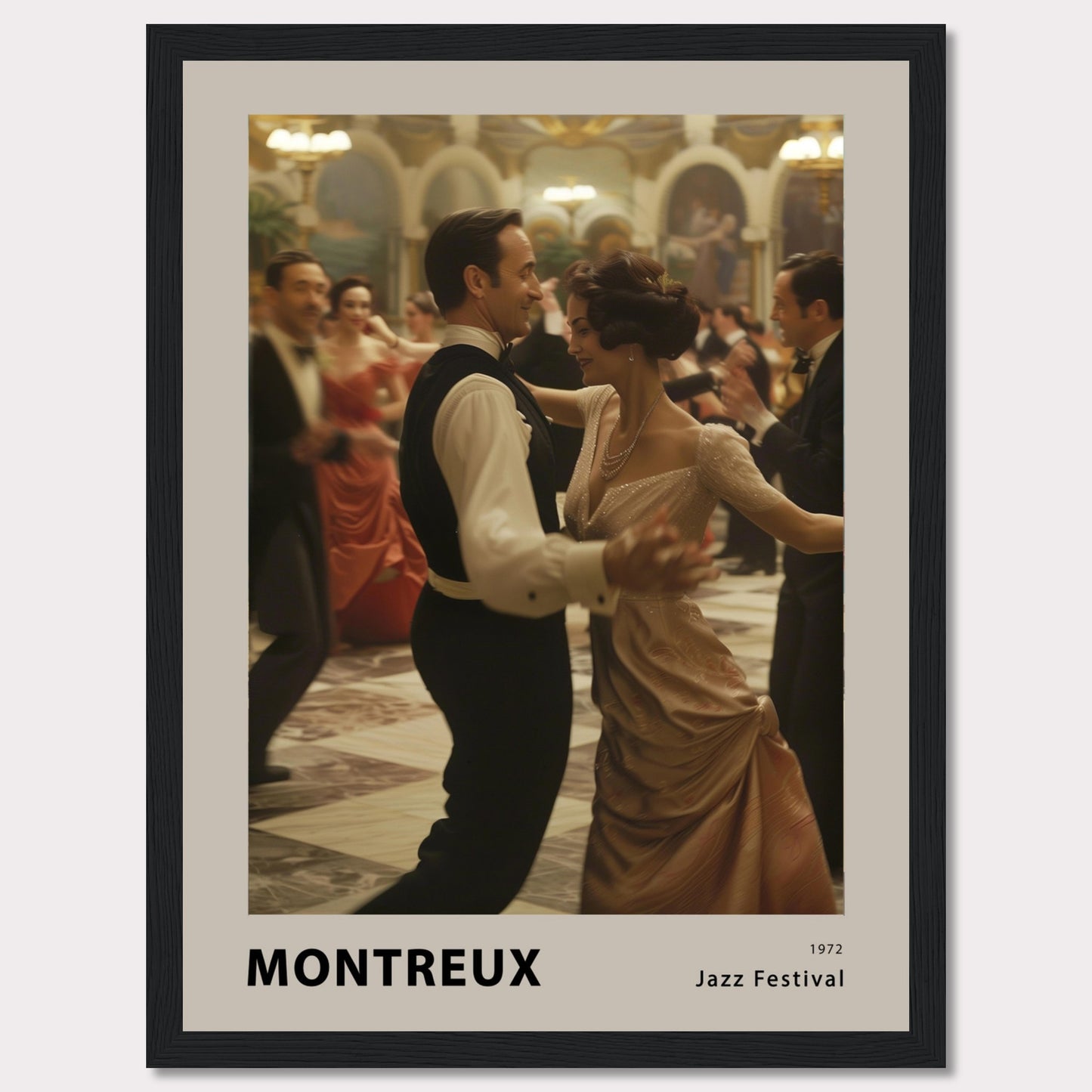 This elegant poster captures a moment of grace and sophistication at the Montreux Jazz Festival in 1972. A couple is seen dancing in a grand ballroom, surrounded by other elegantly dressed attendees. The atmosphere is vibrant and full of life, evoking the charm and allure of a bygone era.