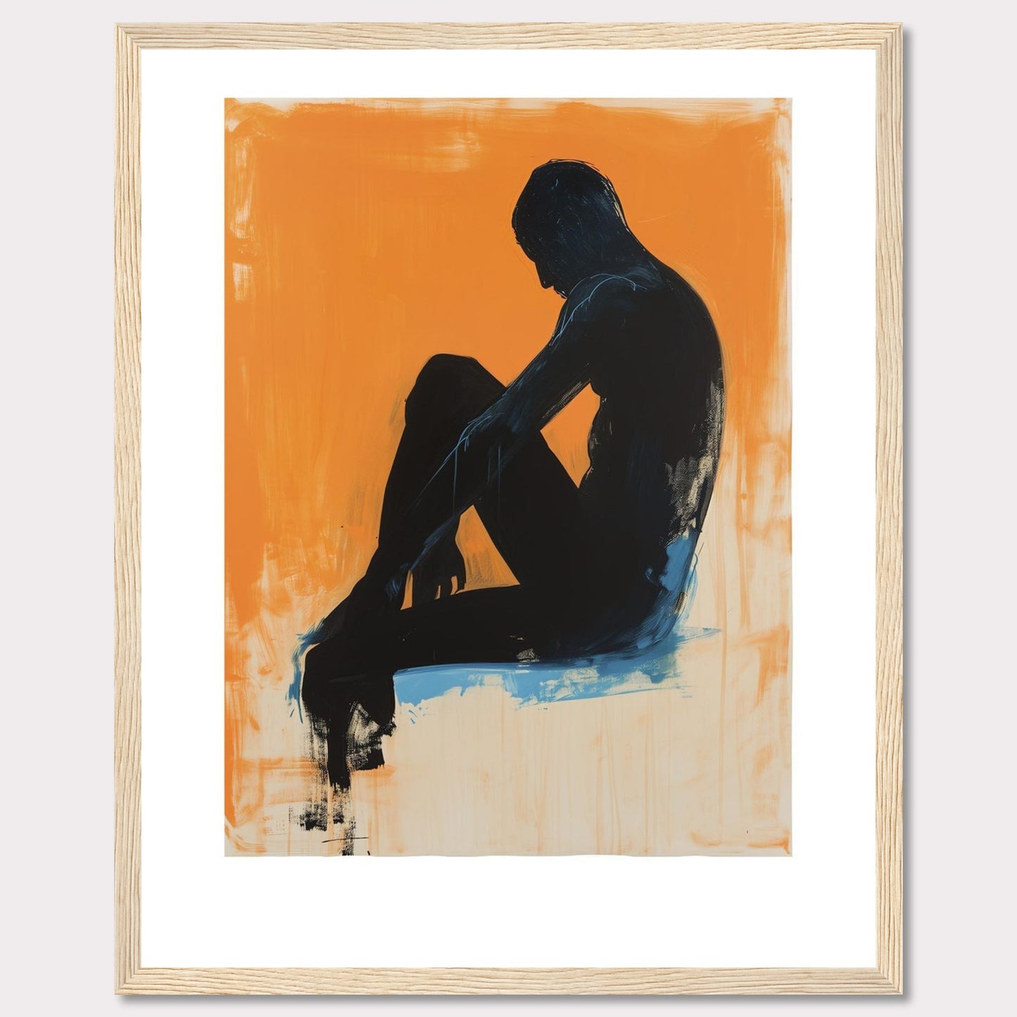 This striking artwork features a silhouette of a seated figure against a vibrant orange background, creating a powerful contrast. The figure is painted in dark tones with hints of blue, adding depth and emotion to the piece.